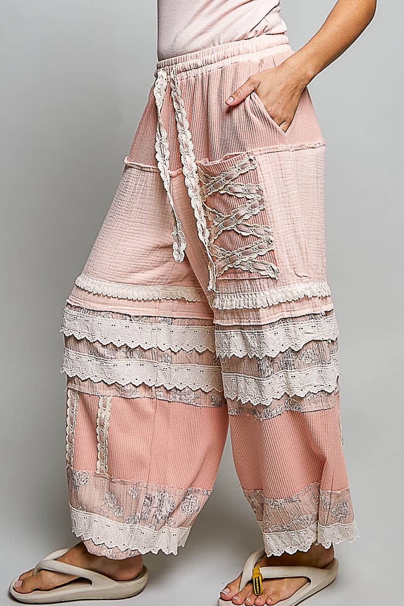 Double Gauze Trim Floral Patch Waistband Jogger Pants: Pink