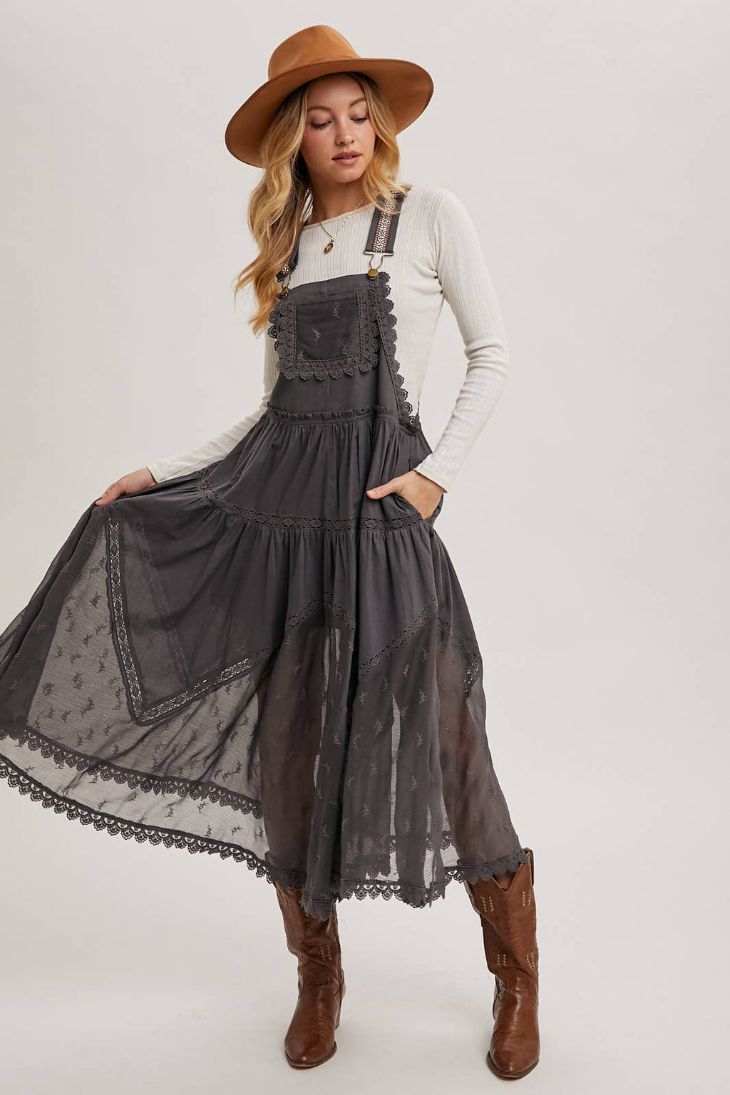 LACE EMBROIDERED TULLE BIB MAXI DRESS: ASH