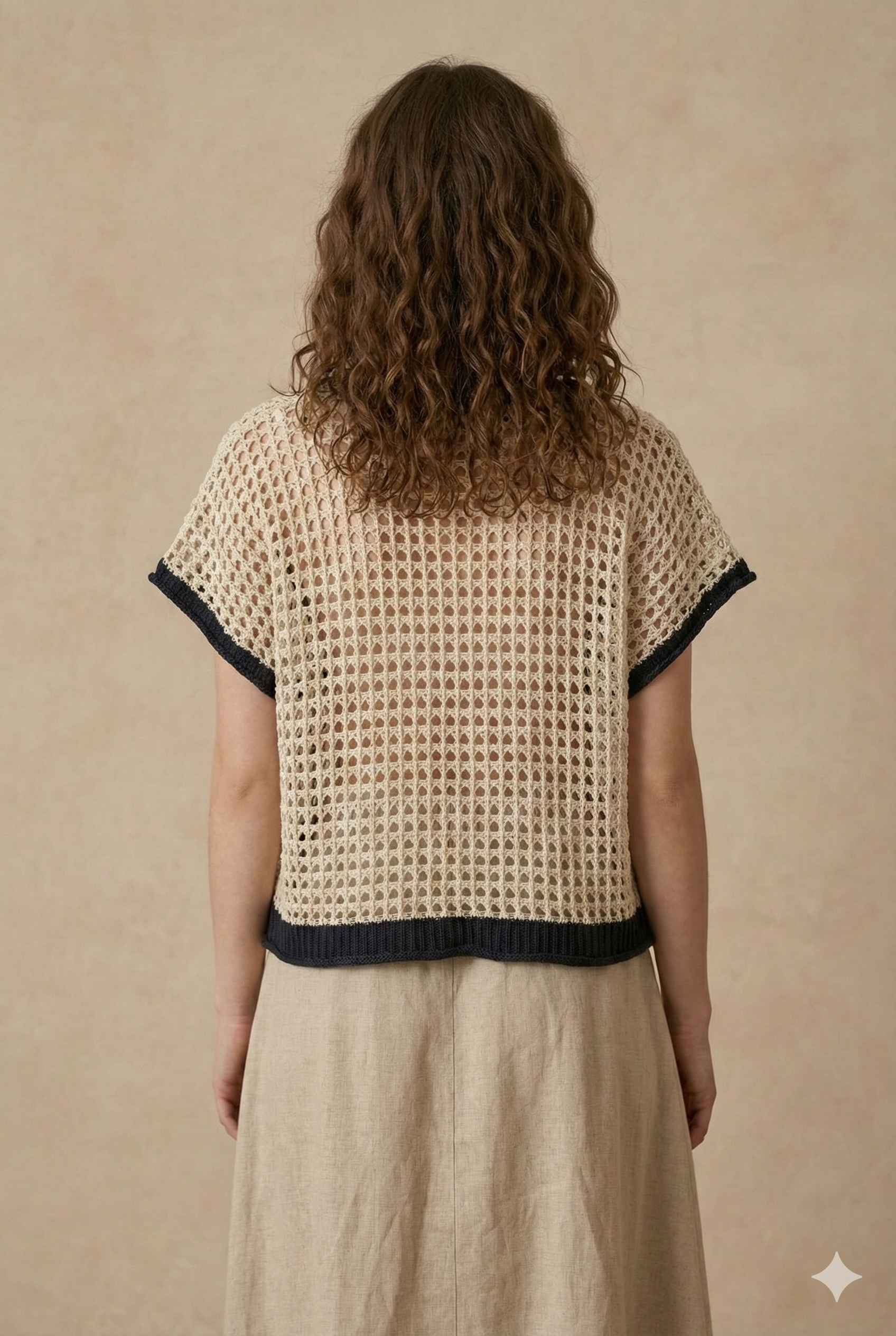 Boho Crochet Patchwork V Neck Short Sleeve Top: Navy