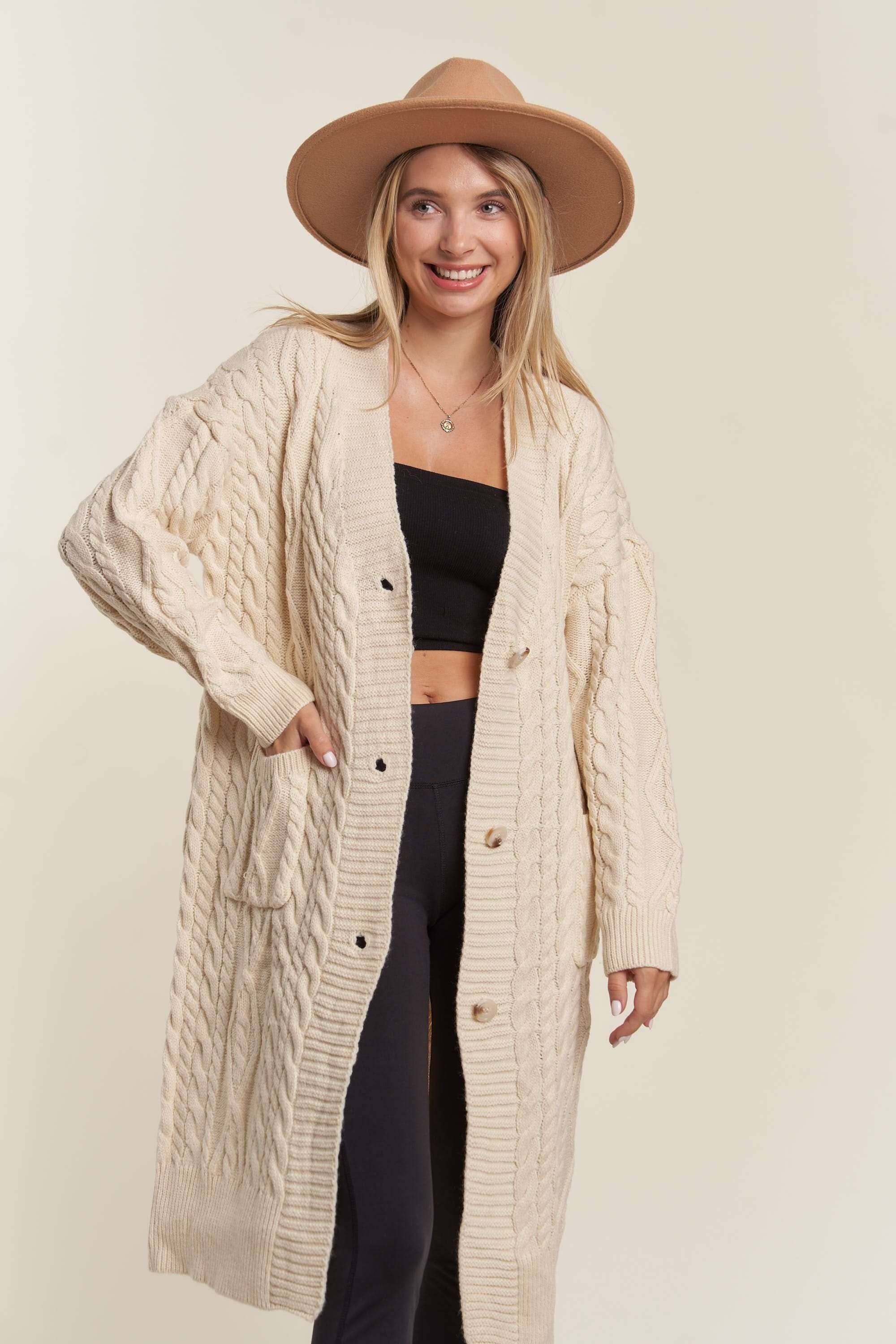 LESW3450A - CABLE KNIT LONG SWEATER CARDIGAN: BROWN / S/M-M/L(3-3)