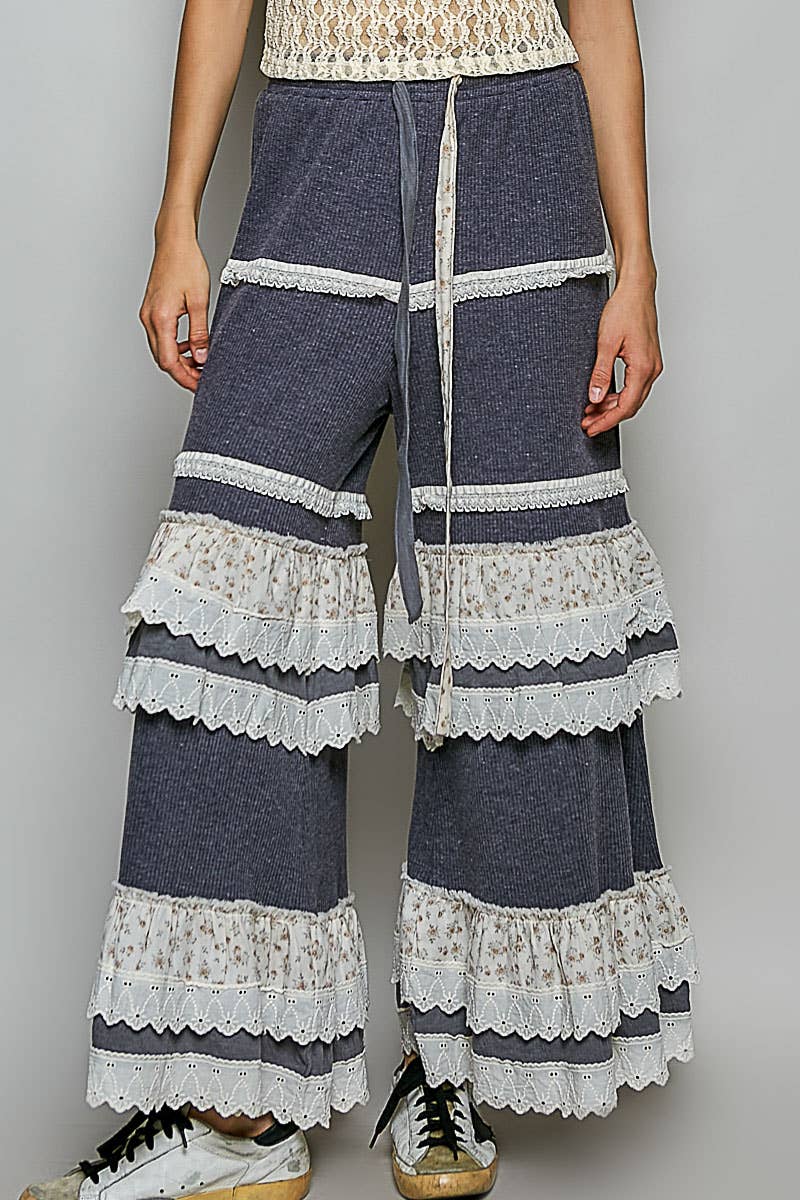 Floral Contrast Eyelet Ruffle Lace Trim Straight Knit Pants: BLUSH