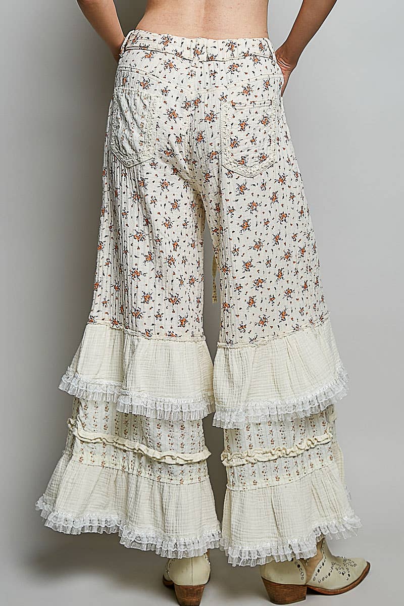 Double Gauze Floral Front Patch Pockets Ruffle Wide Pants: MOCHA MULTI