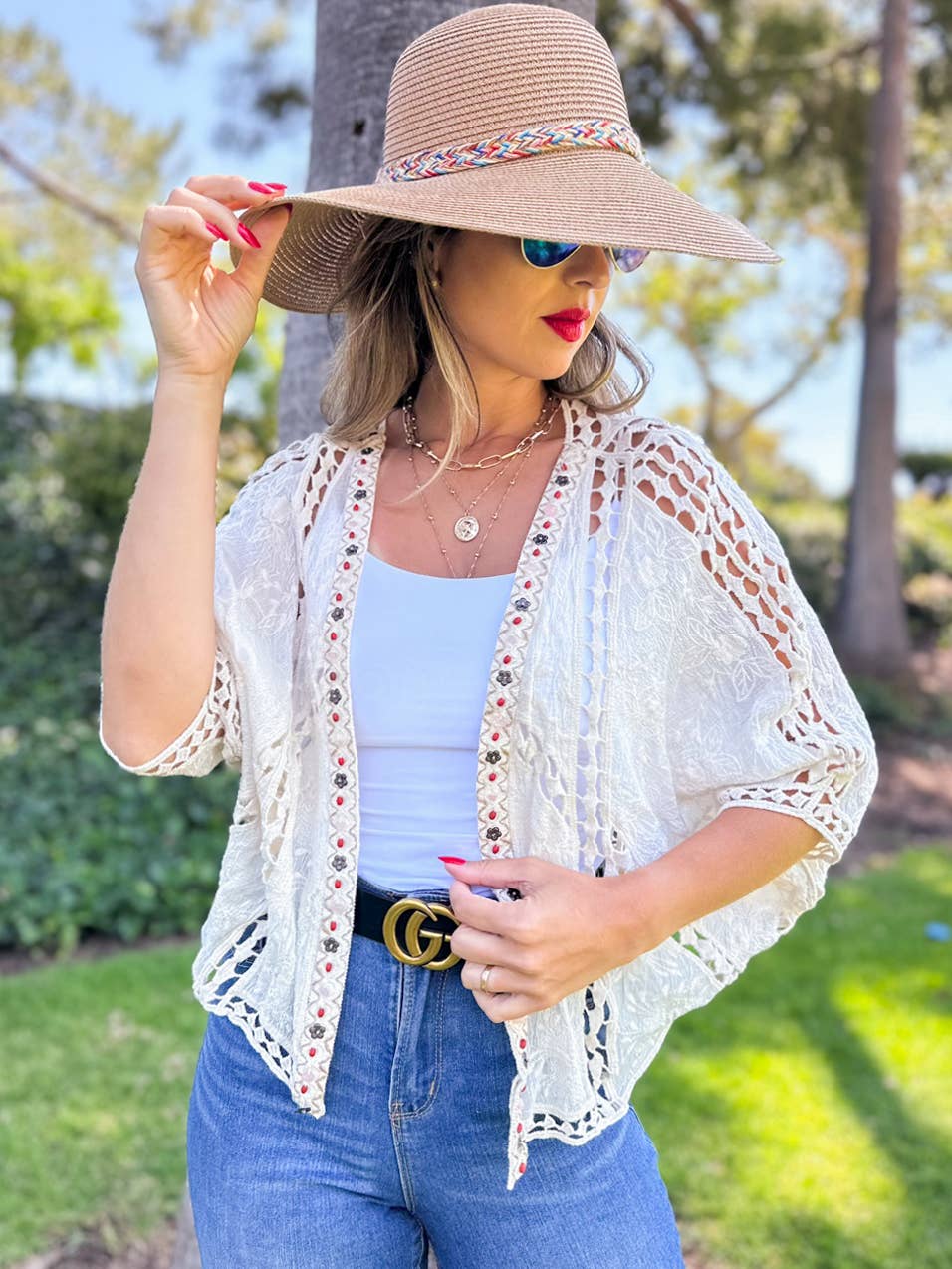 Boho Floral Embroidered Cotton Dolman Sleeve Cardigan: Ivory / One Size
