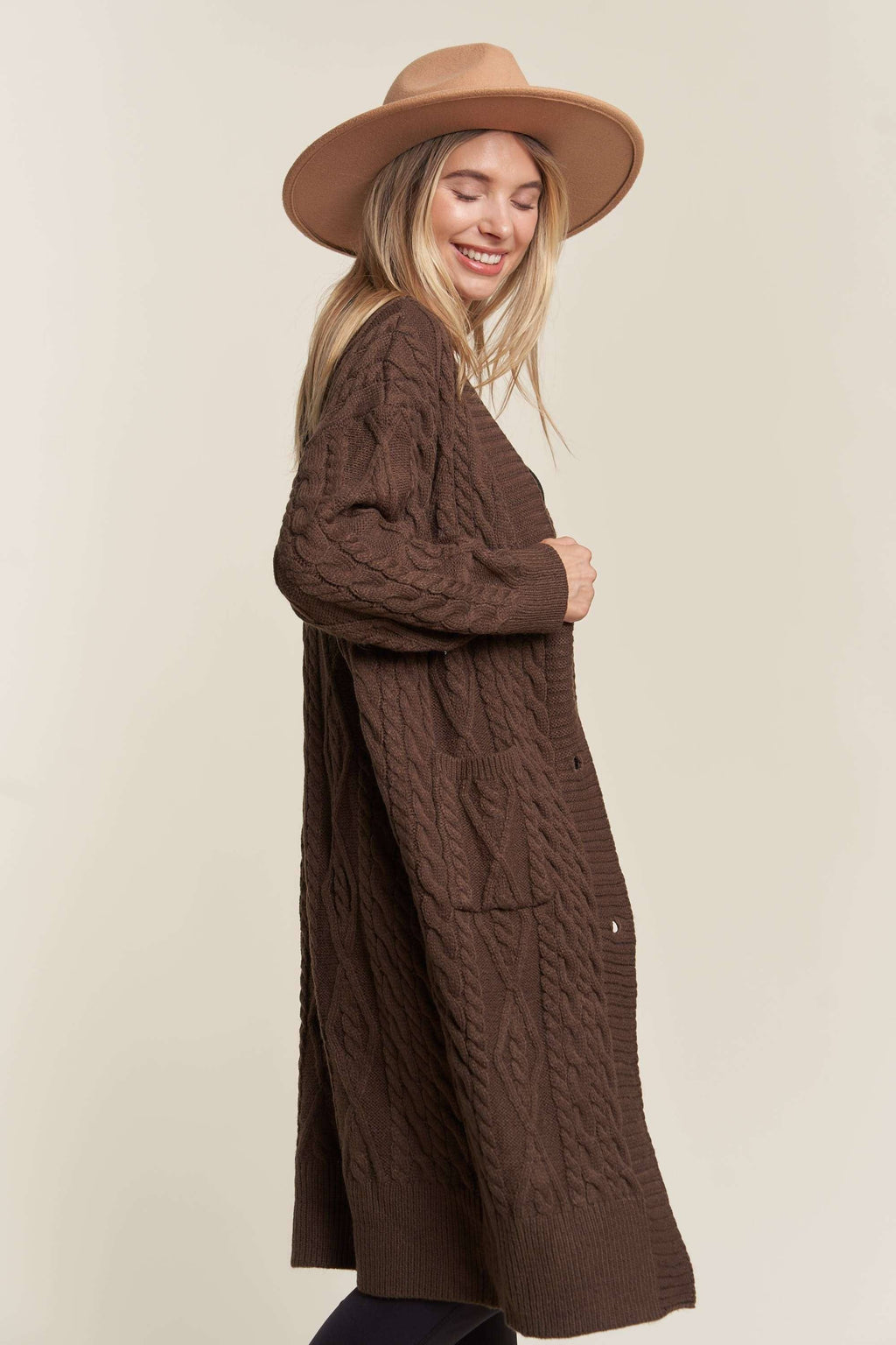 LESW3450A - CABLE KNIT LONG SWEATER CARDIGAN: BEIGE / S/M-M/L(3-3)