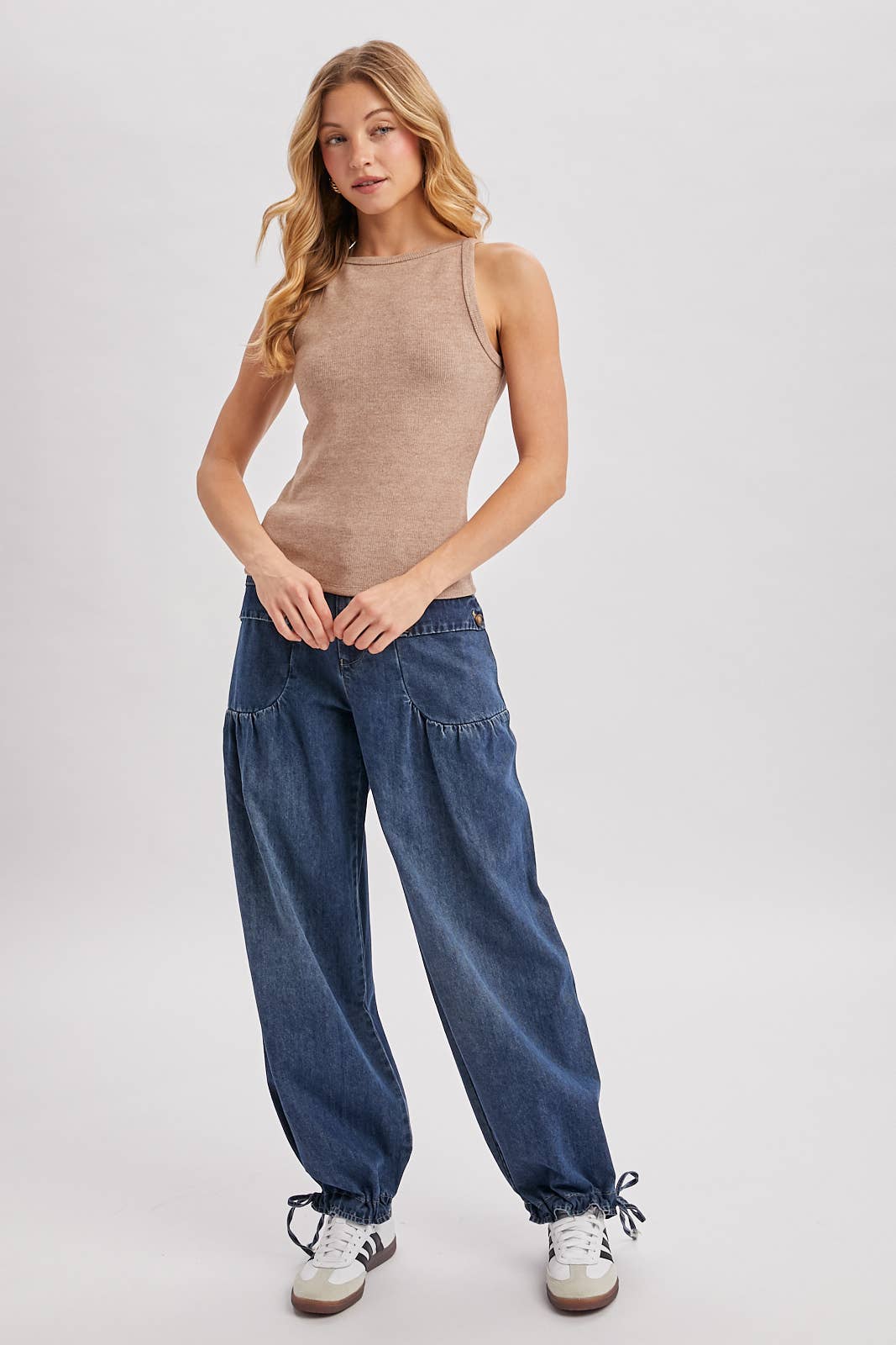DENIM ANKLE DRAWSTRING BALLOON JEANS: DK.WASH / S