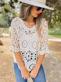 Hexagon Boho Floral Pattern V-Neck Dolman Sleeve Crochet Top: Ivory / One Size