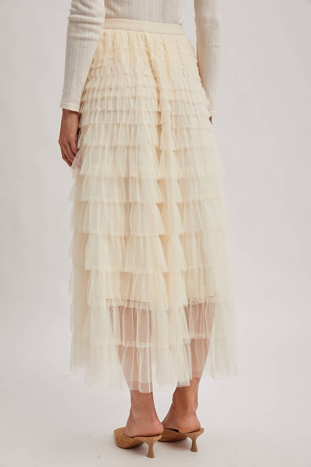 RUFFLED TULLE MIDI SKIRT: MAUVE / S
