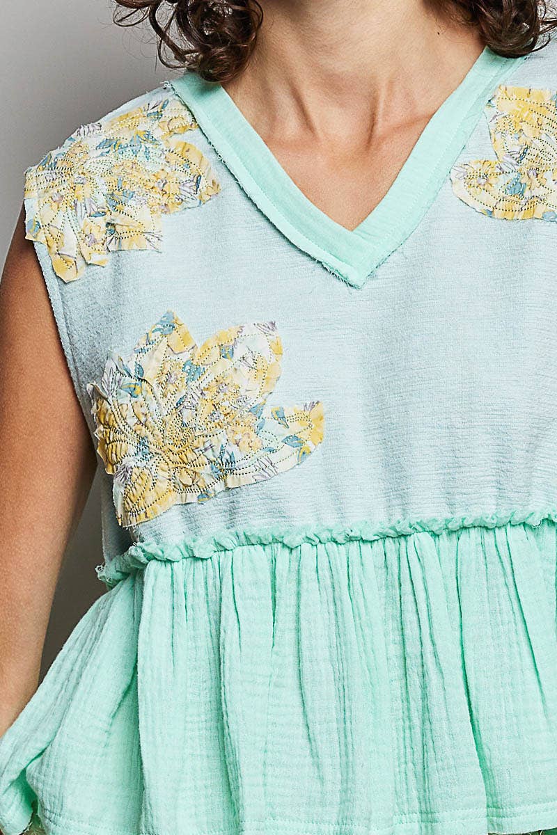 Boho Floral Patch V-Neck Sleeveless Top: NATURAL