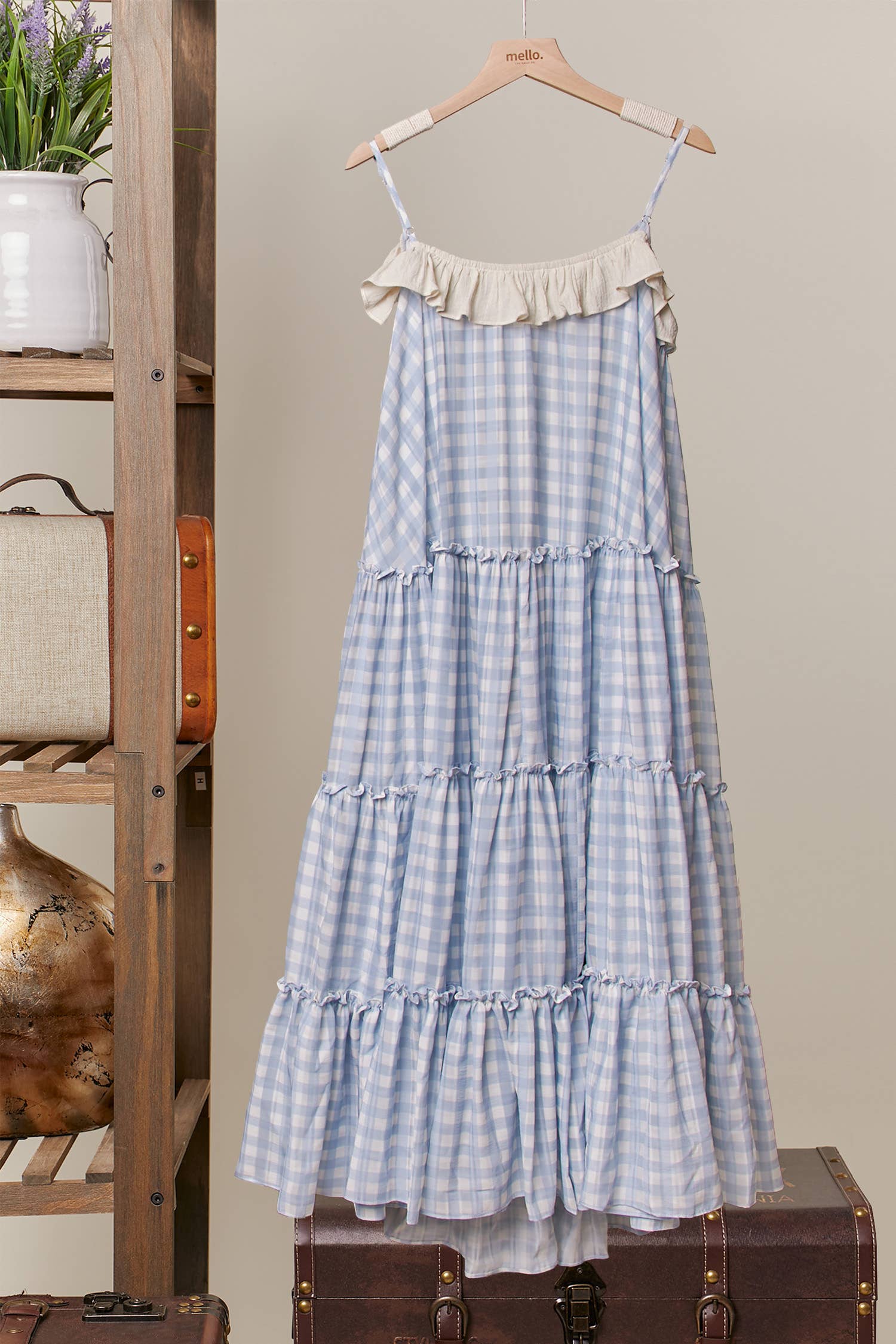 Checker Ruffle Dress Cardigan: Sky Blue / S