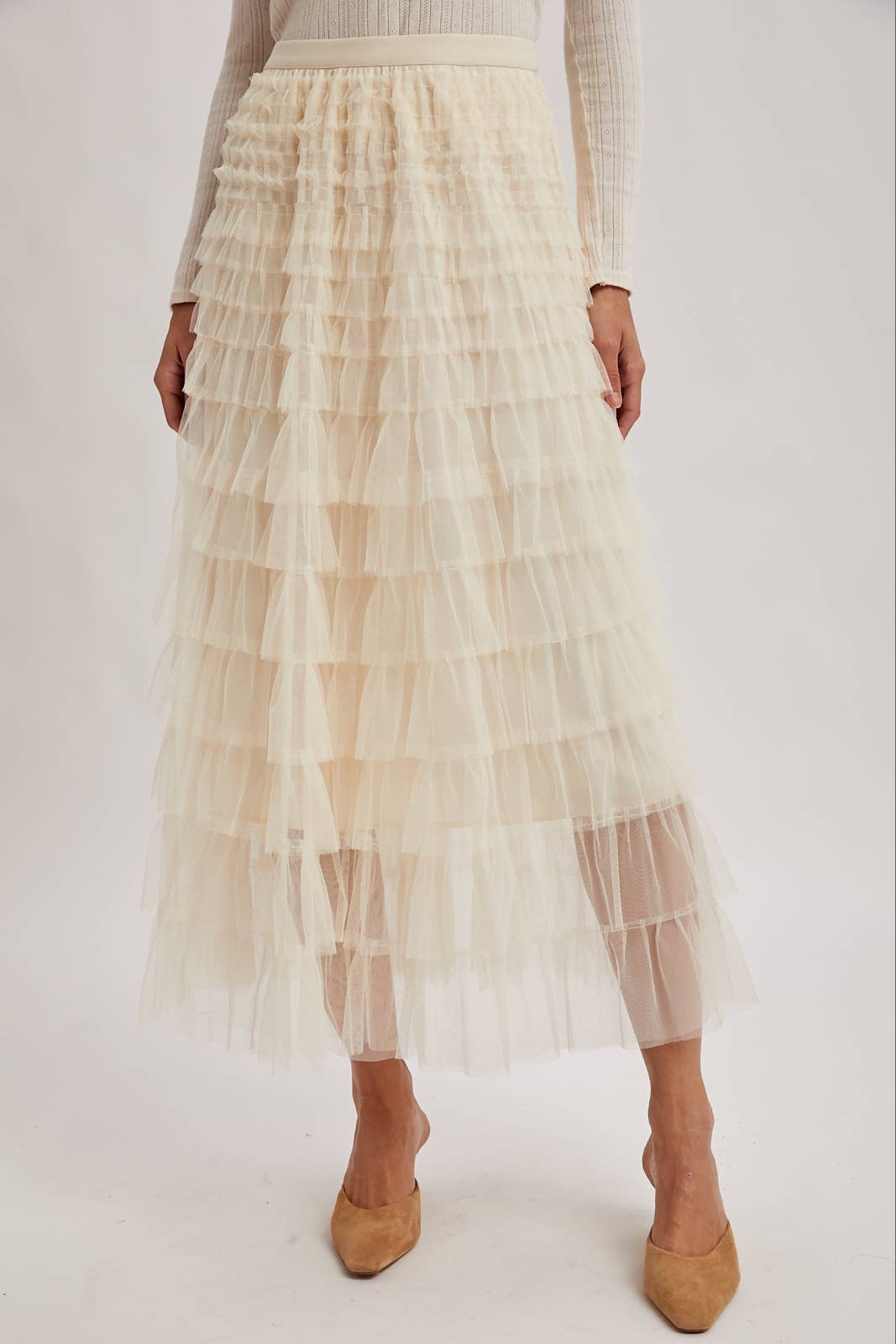 RUFFLED TULLE MIDI SKIRT: MAUVE / L