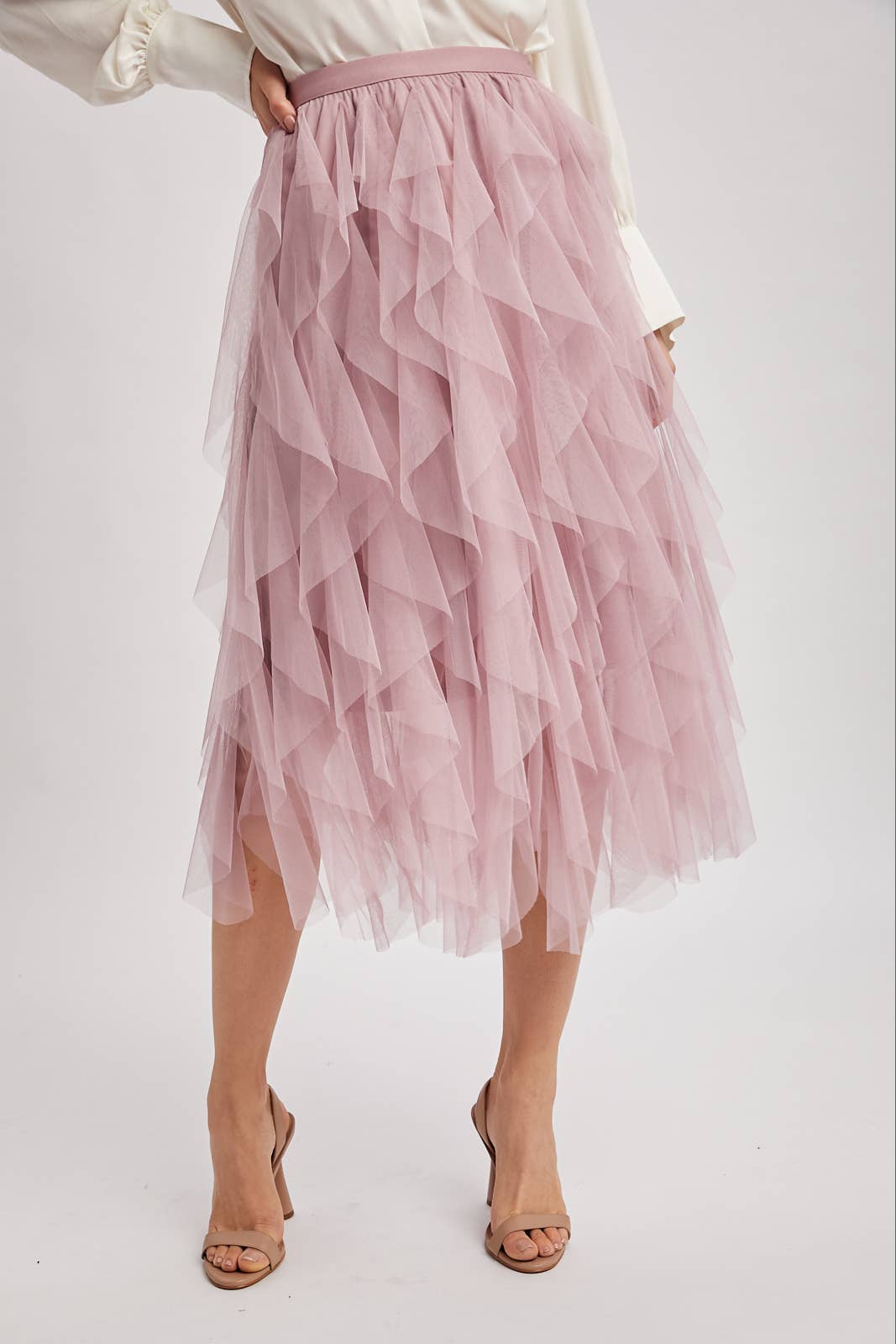 SPRIAL RUFFLED TULLE MIDI SKIRT - EASTER DAY: ROSE / L