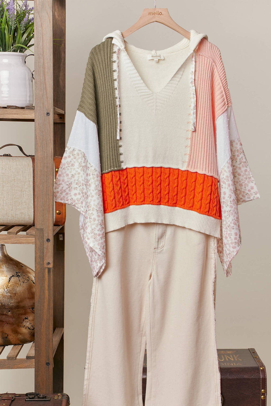 Color Block Crochet V Neck Hoodie: Multi