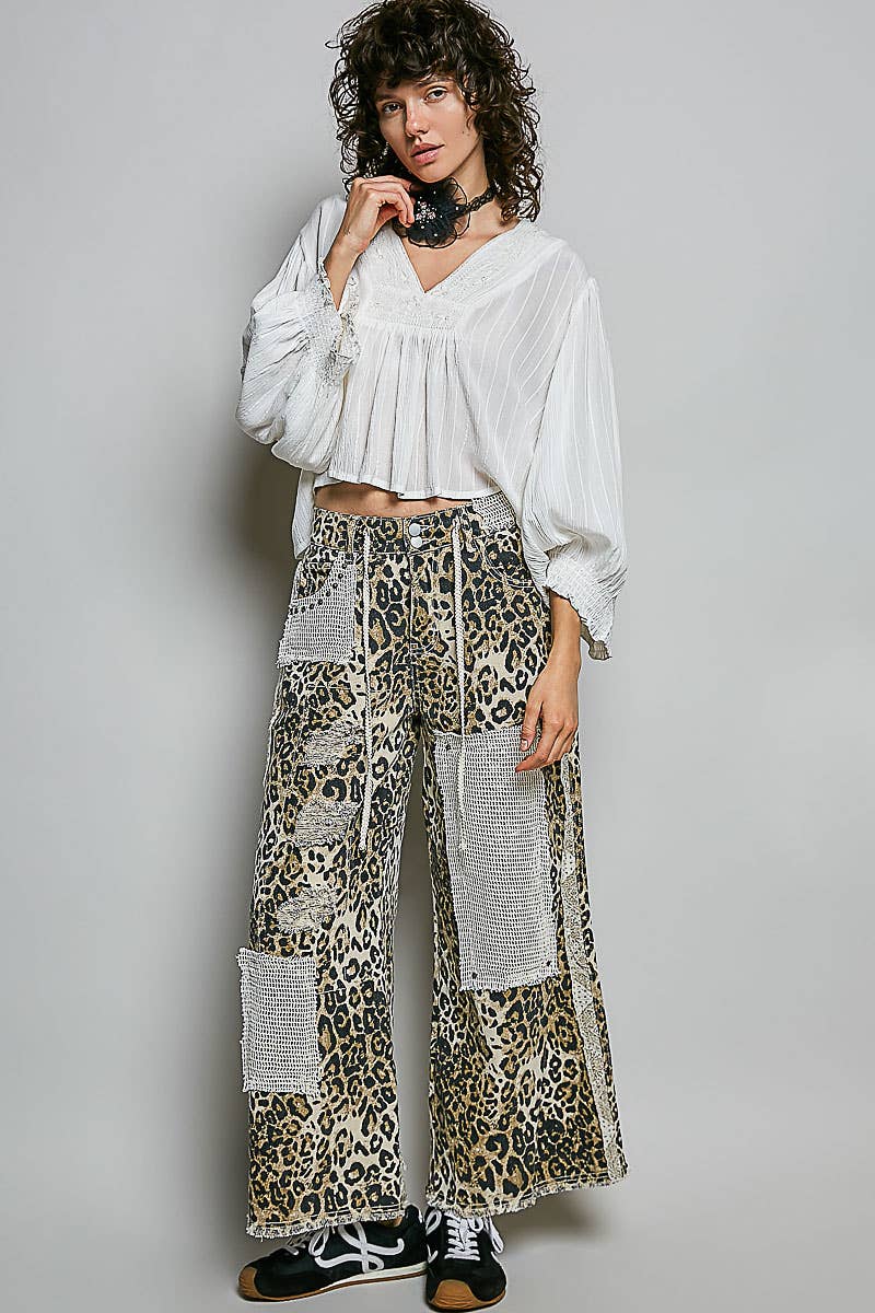 Stud Detail Woven Denim Pants: SAND LEOPARD / S