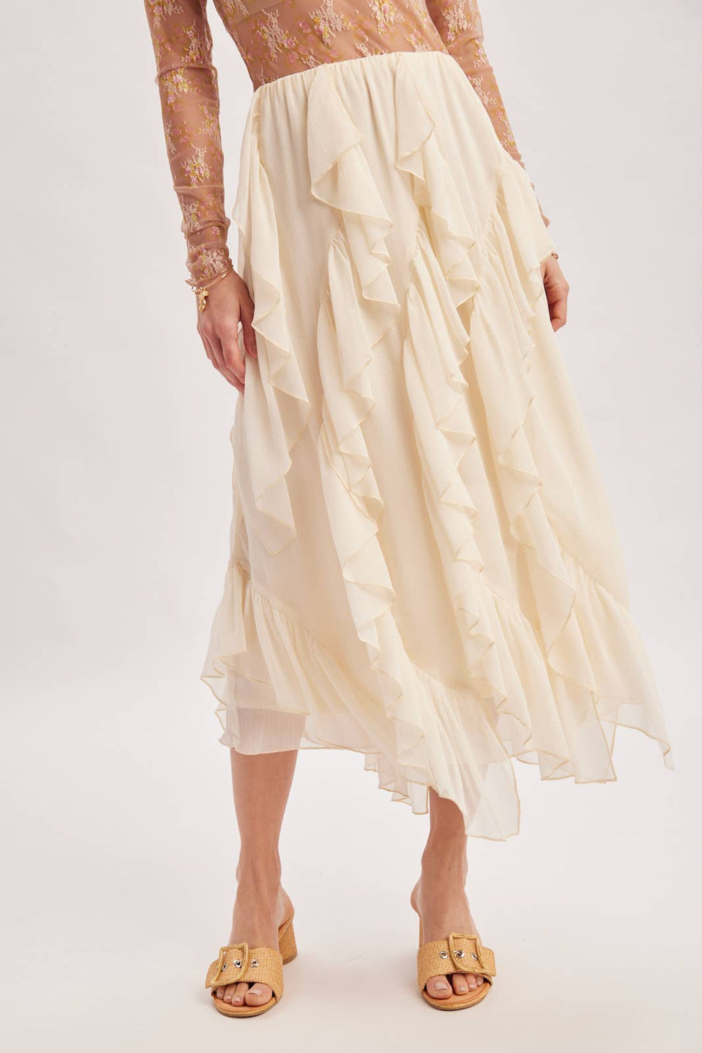 SEMI-SHEER CHIFFON RUFFLED TULLE MIDI SKIRT: ECRU