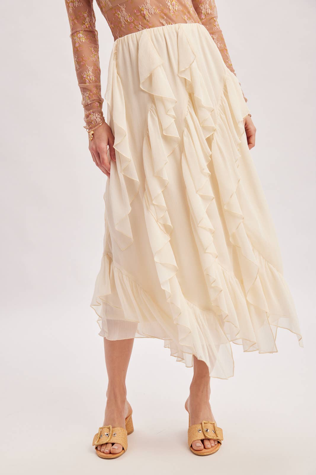 SEMI-SHEER CHIFFON RUFFLED TULLE MIDI SKIRT: ECRU