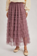 RUFFLED TULLE MIDI SKIRT: MAUVE / M