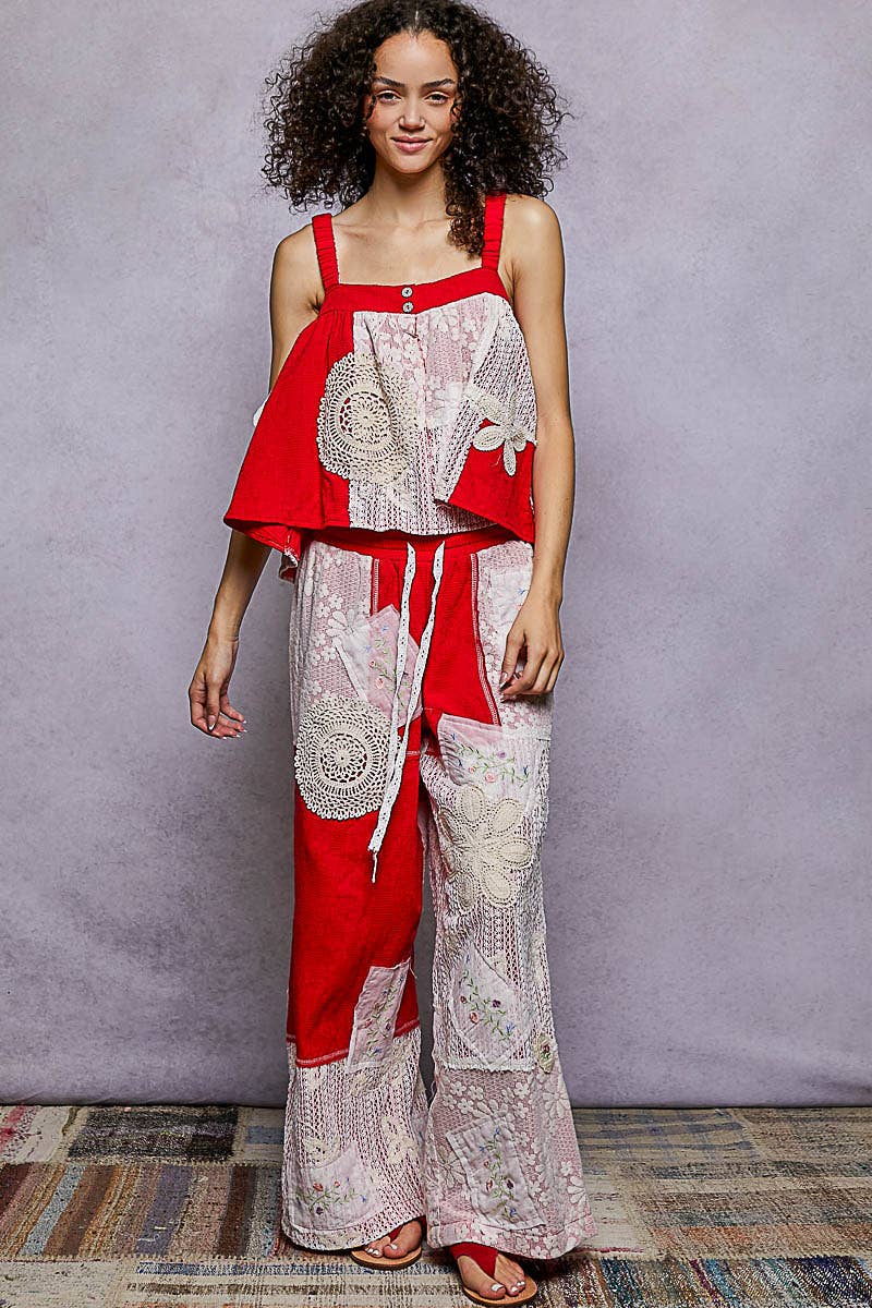 Solid Lace Patch Detail Woven Pants: SKY BLUE