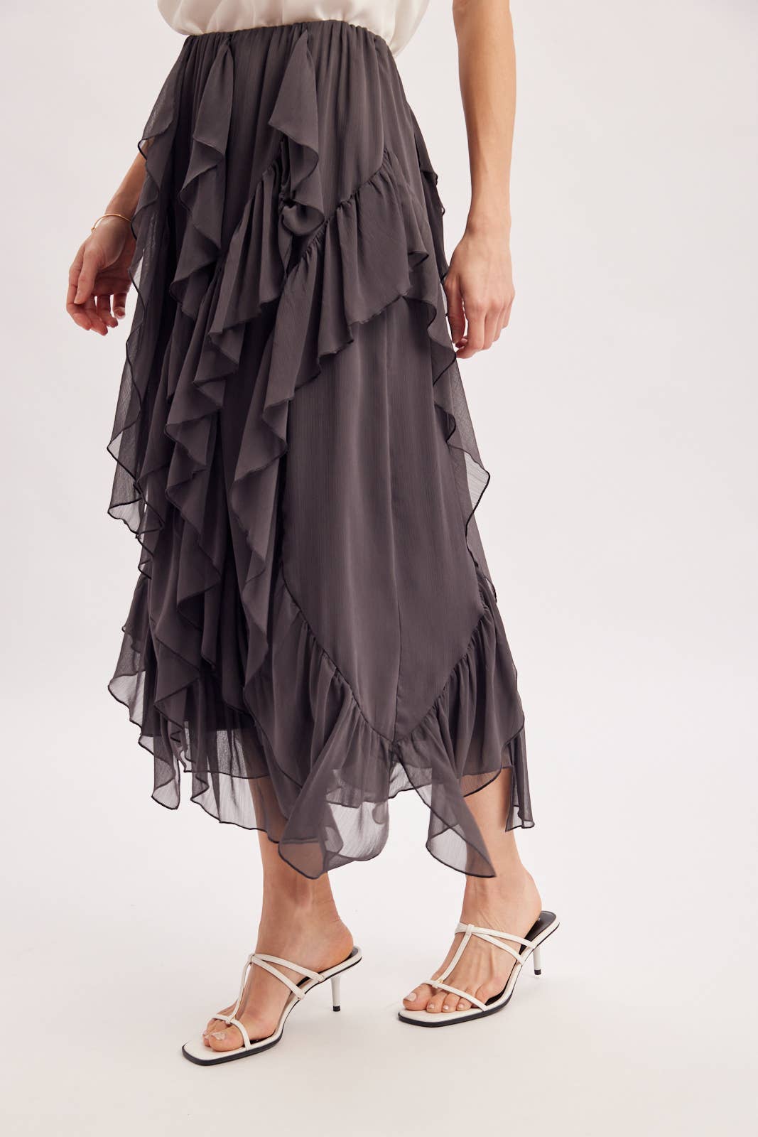 SEMI-SHEER CHIFFON RUFFLED TULLE MIDI SKIRT: ECRU