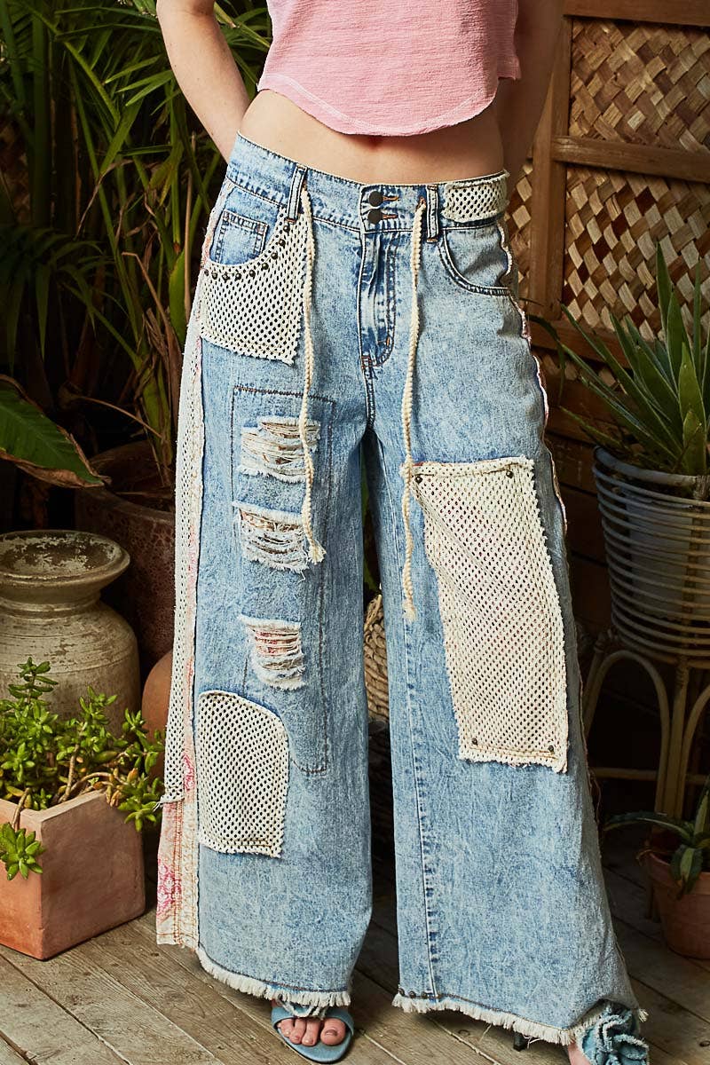 Stud Detail Woven Denim Pants: SAND LEOPARD / S