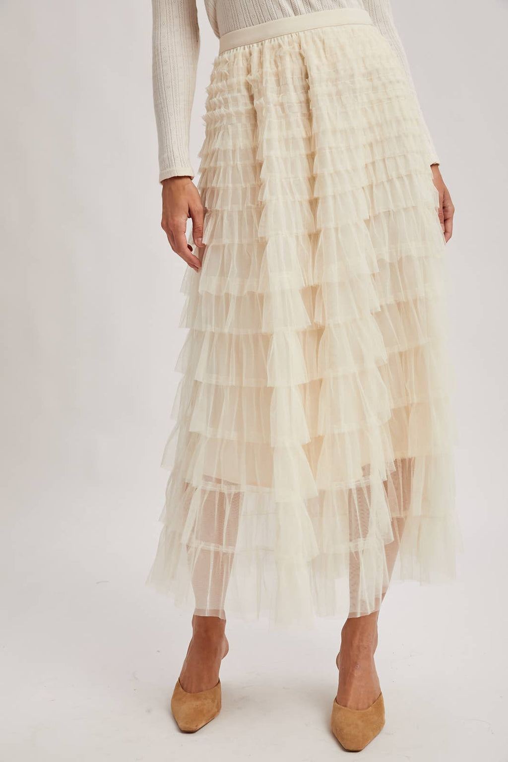 RUFFLED TULLE MIDI SKIRT: MAUVE / L