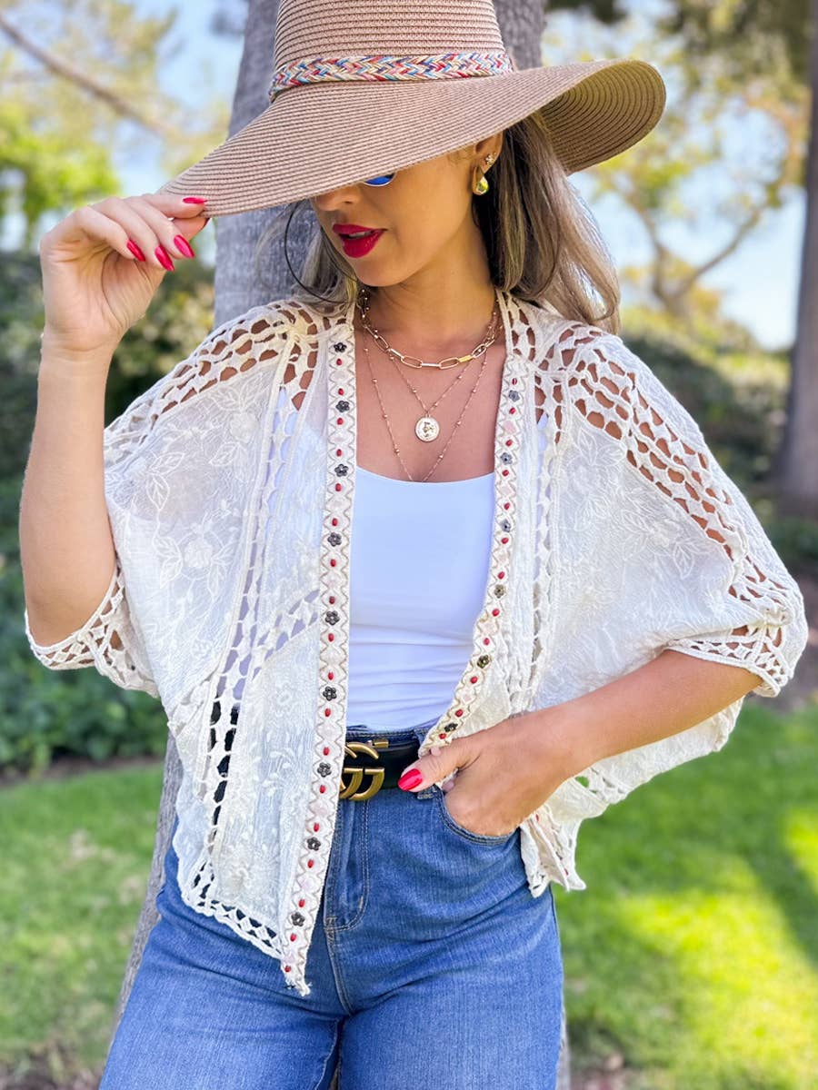 Boho Floral Embroidered Cotton Dolman Sleeve Cardigan: Ivory / One Size