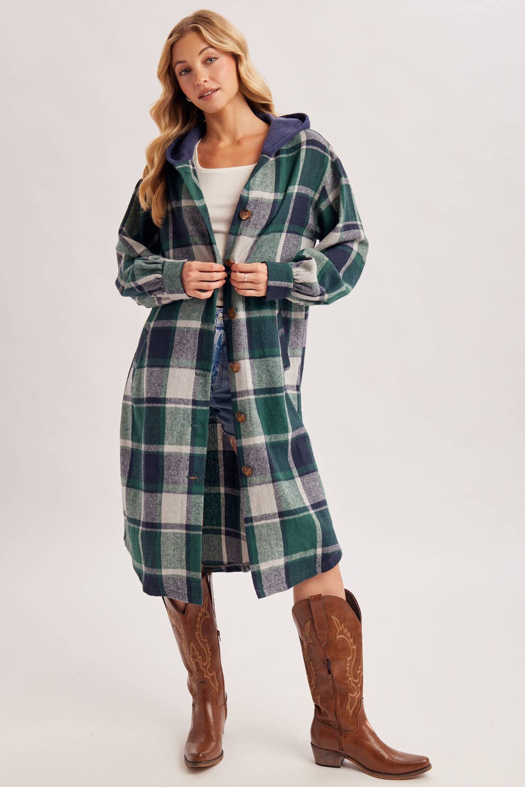 LONGLINE PLAID HOODED JACKET