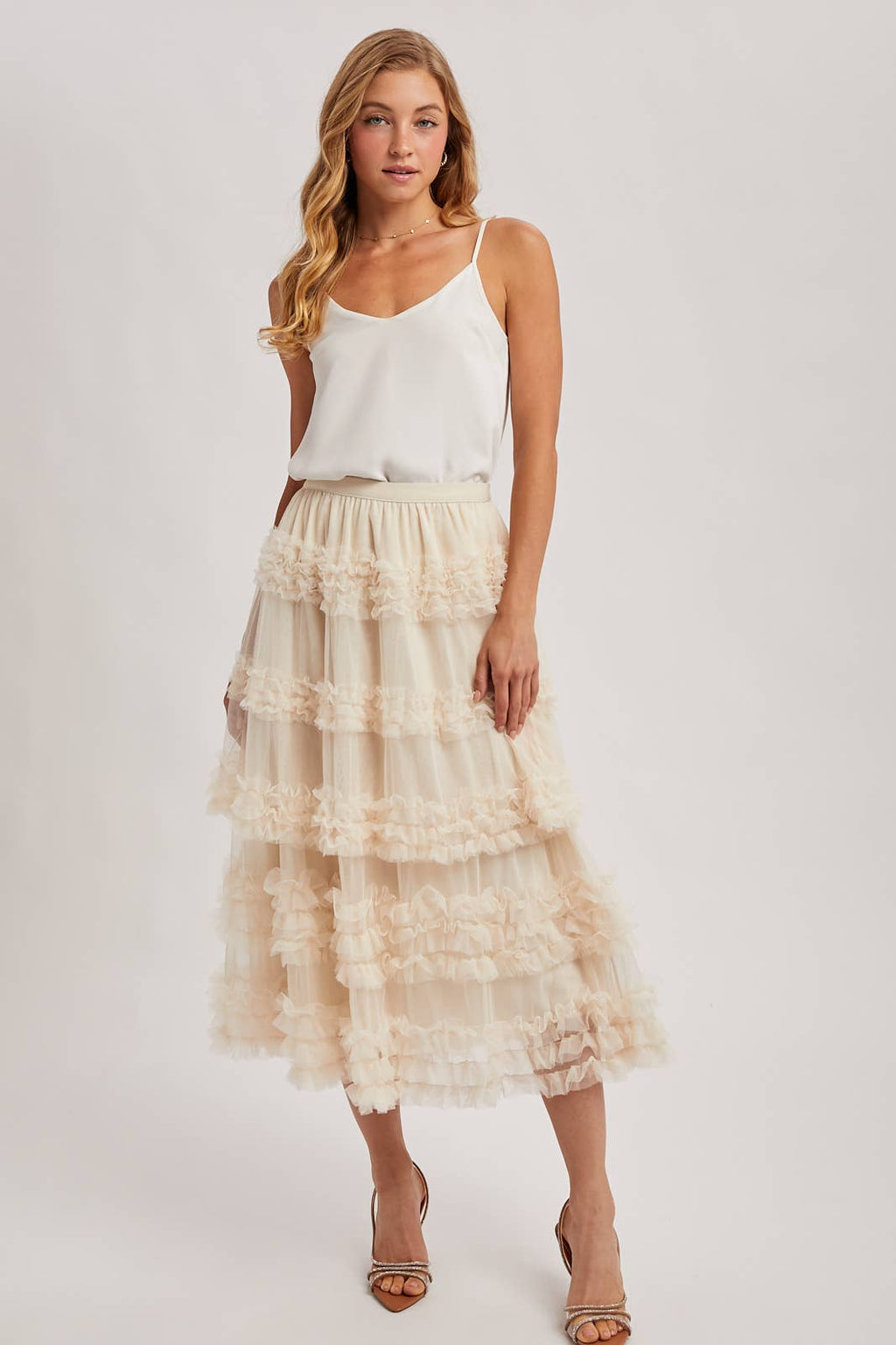 ROMANTIC RUFFLE TIERED TULLE MIDI SKIRT: PLUM / L