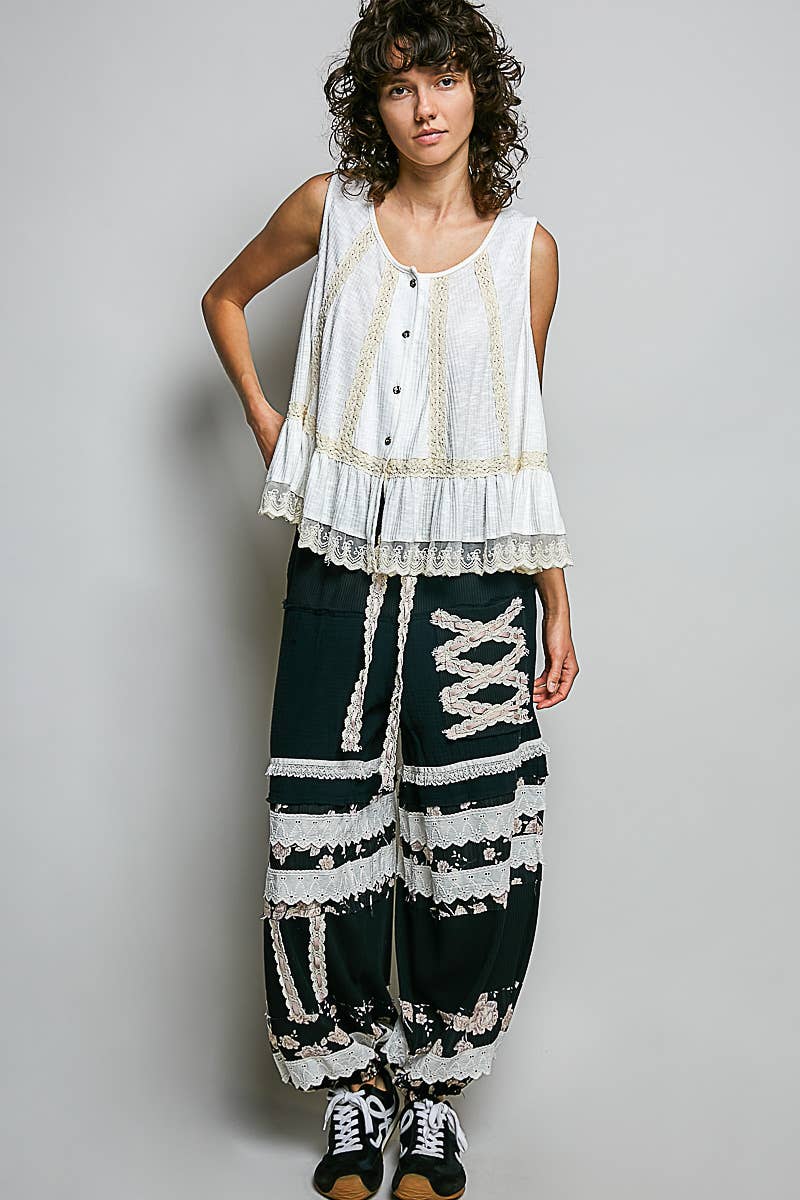 Double Gauze Trim Floral Patch Waistband Jogger Pants: Pink