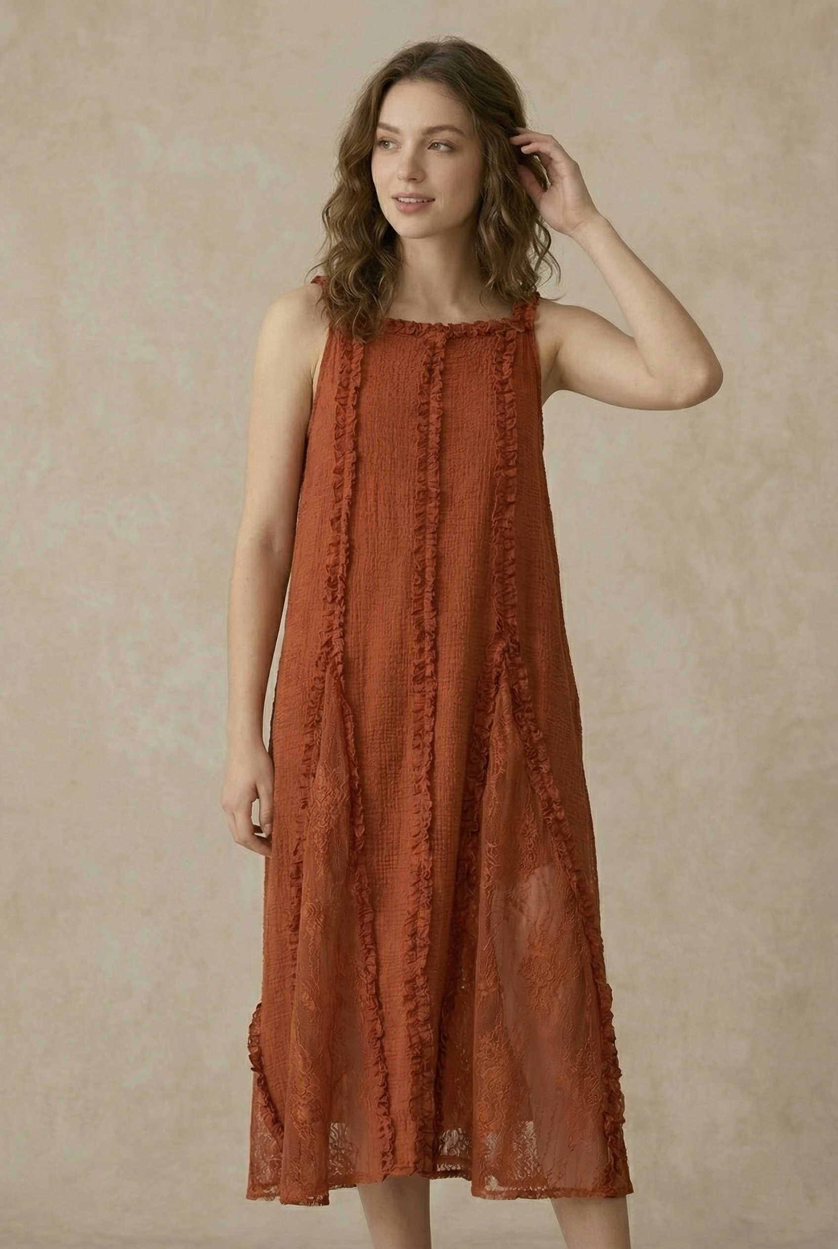 RUFFLED BOHO MAXI DRESS: Rust / M