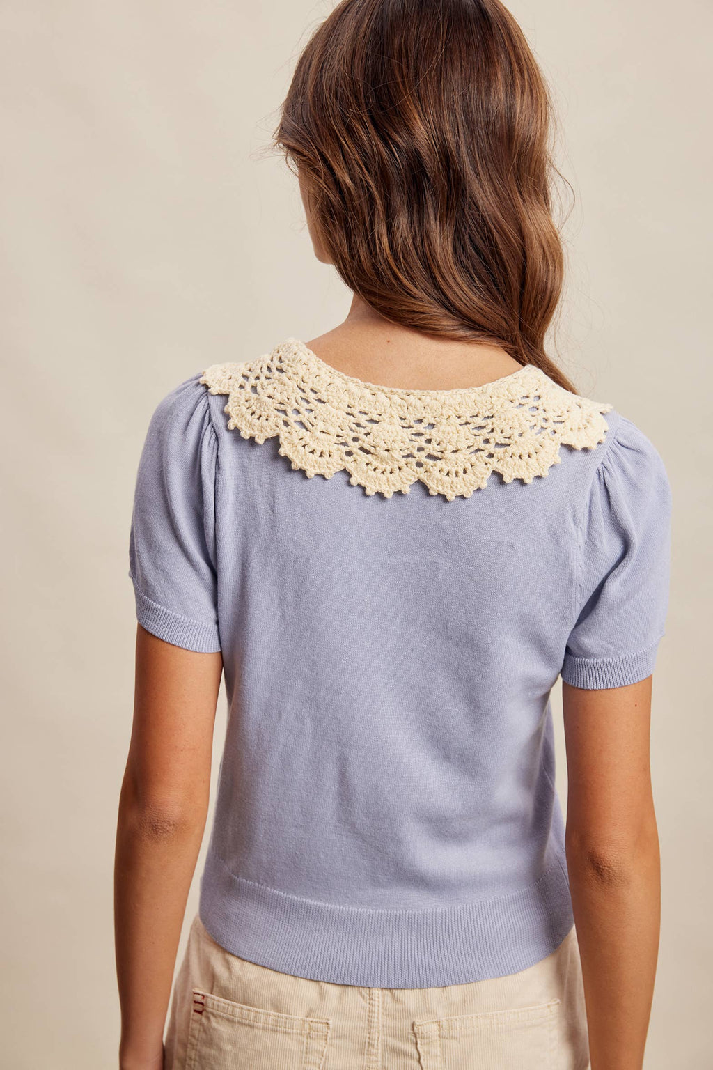 Crochet Collar Short Sleeve Knit Top LSW1048