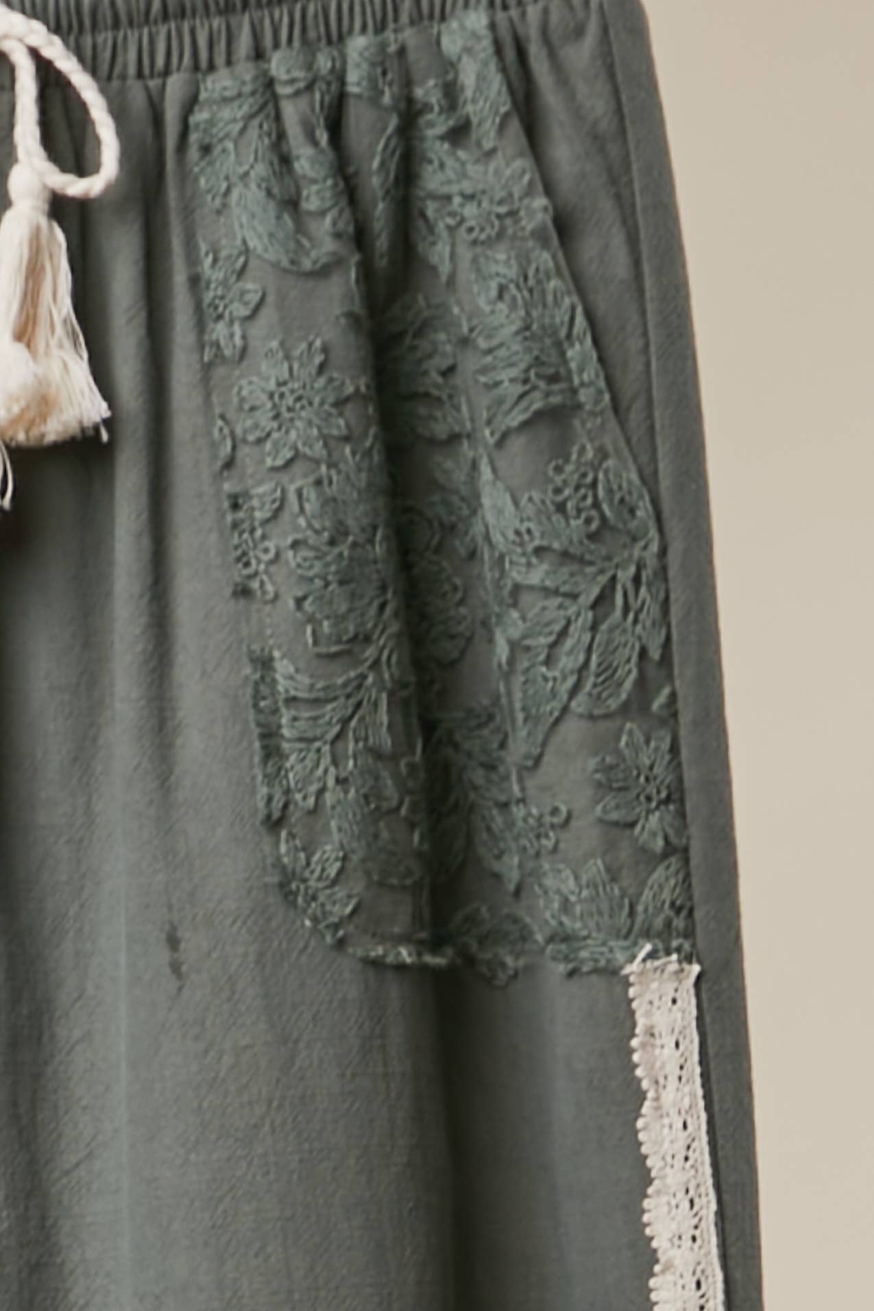 Lace Accents Patchwork Crochet Jogger Pants: SAGE