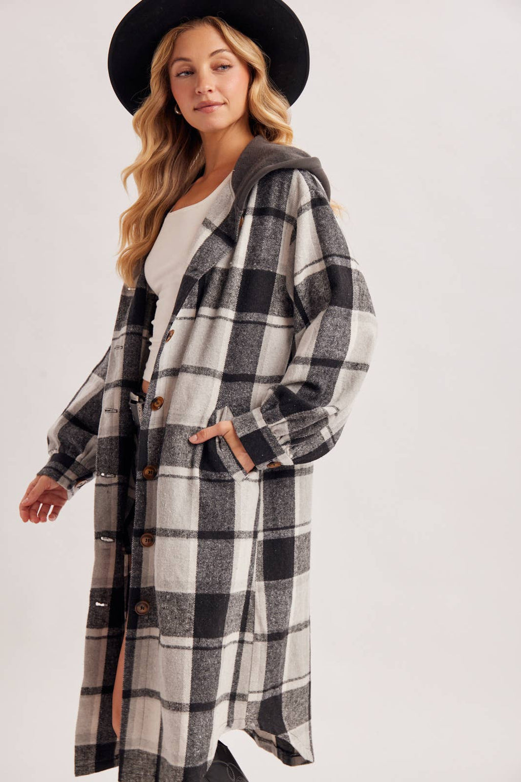 LONGLINE PLAID HOODED JACKET