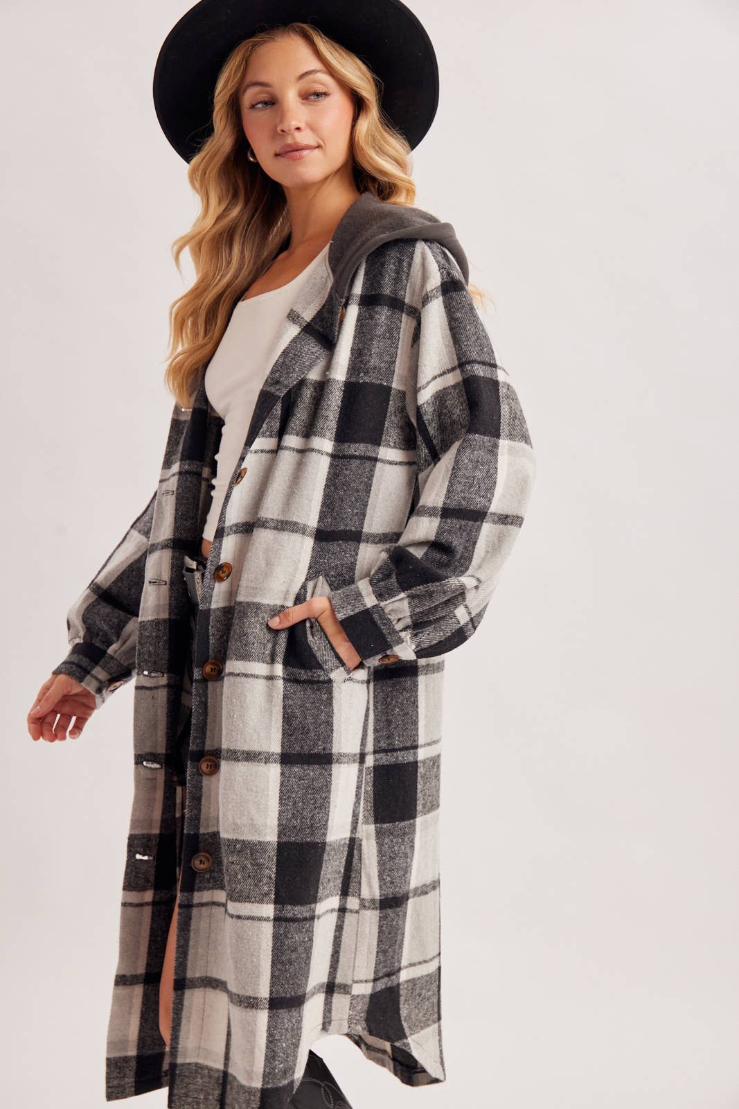 LONGLINE PLAID HOODED JACKET