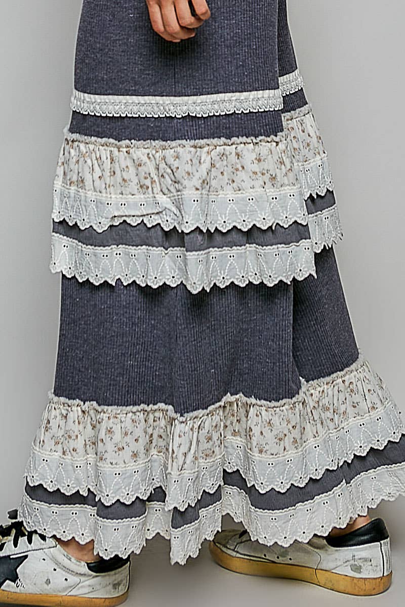 Floral Contrast Eyelet Ruffle Lace Trim Straight Knit Pants: BLUSH
