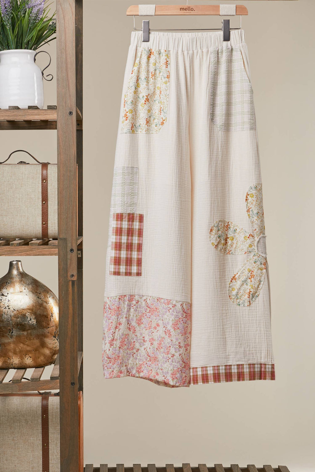 Boho Patchwork Wide Leg Pants: Ivory Multi / S