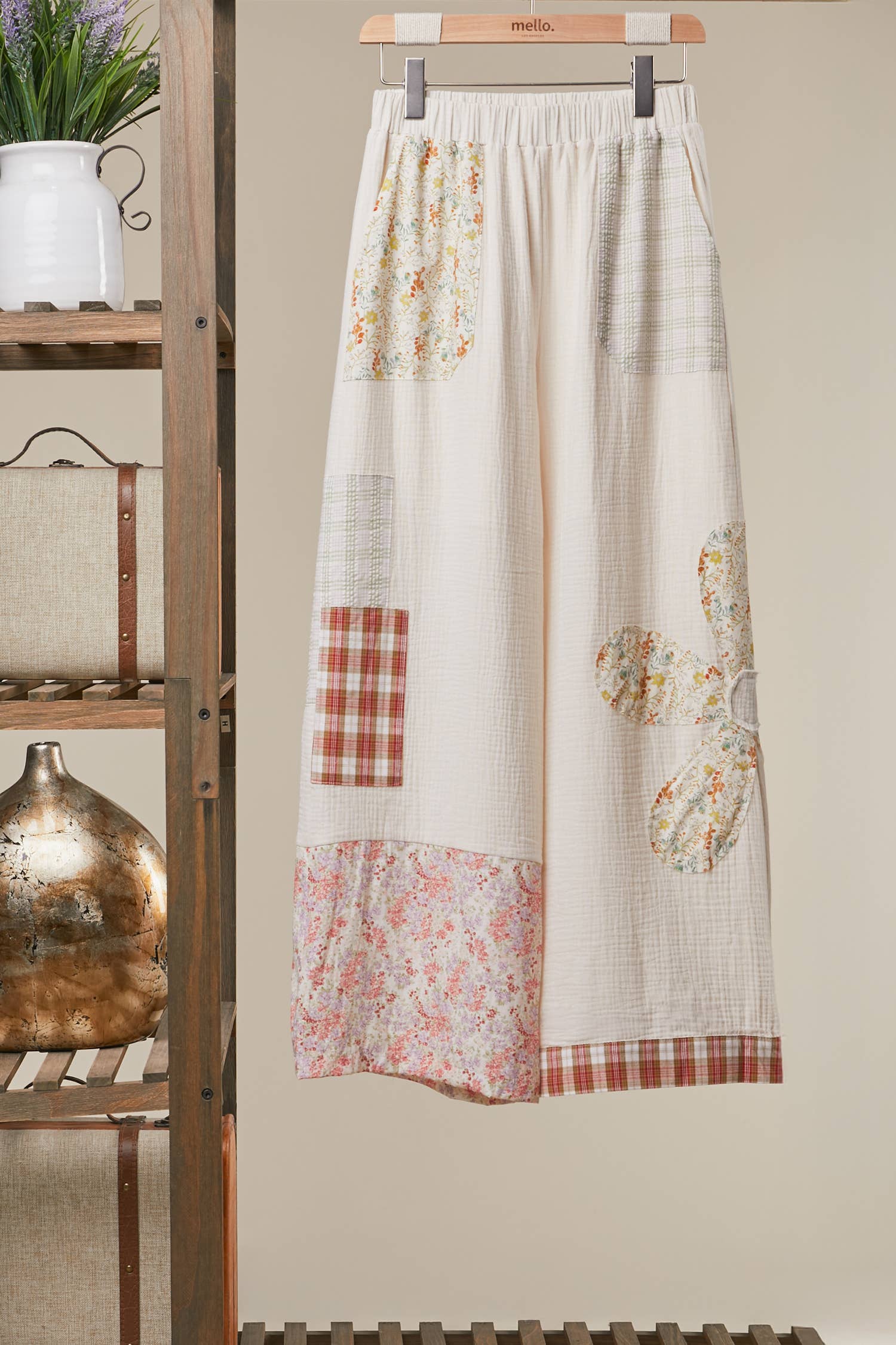 Boho Patchwork Wide Leg Pants: Ivory Multi / S