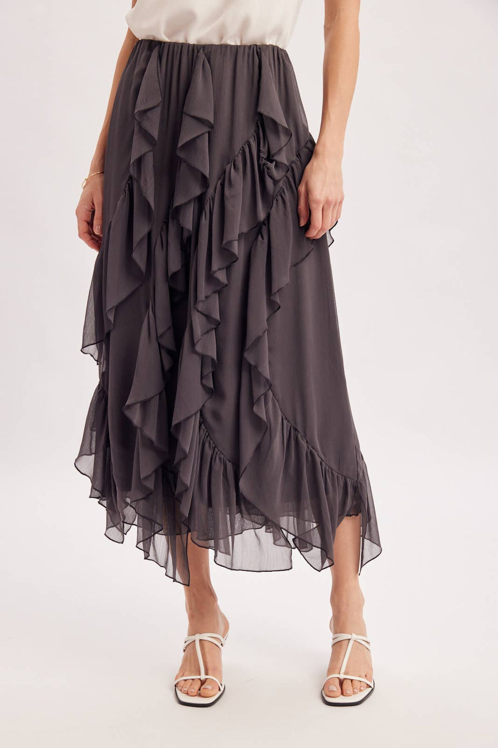 SEMI-SHEER CHIFFON RUFFLED TULLE MIDI SKIRT: ECRU