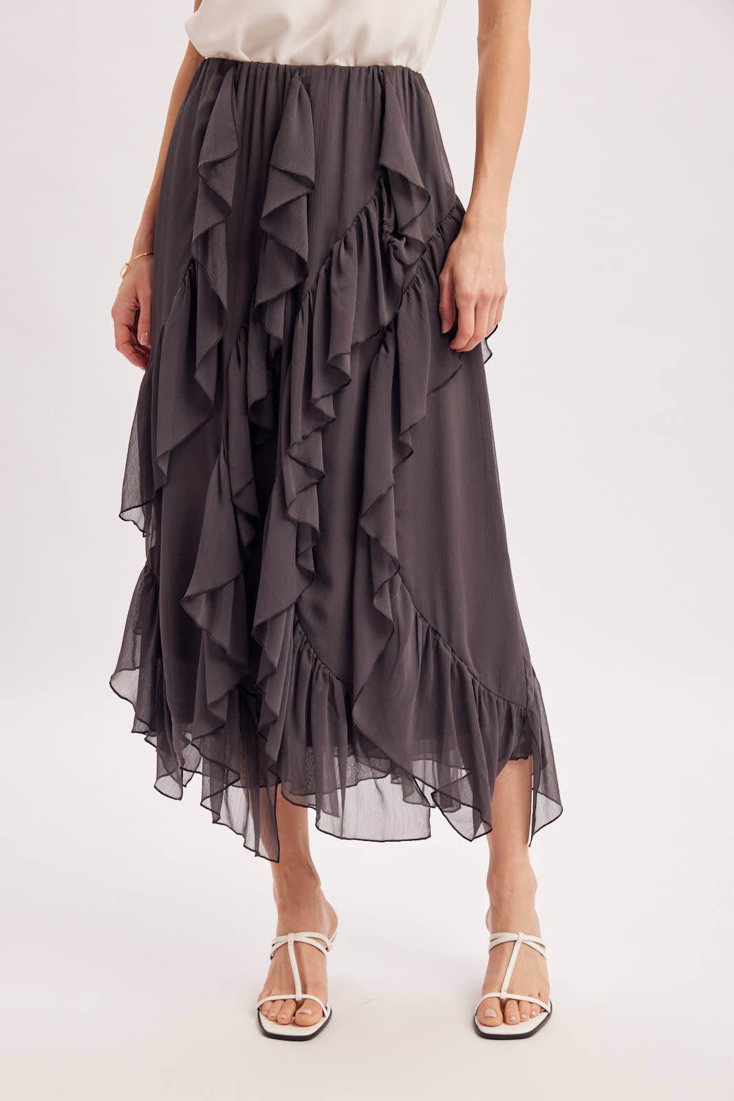 SEMI-SHEER CHIFFON RUFFLED TULLE MIDI SKIRT: ECRU