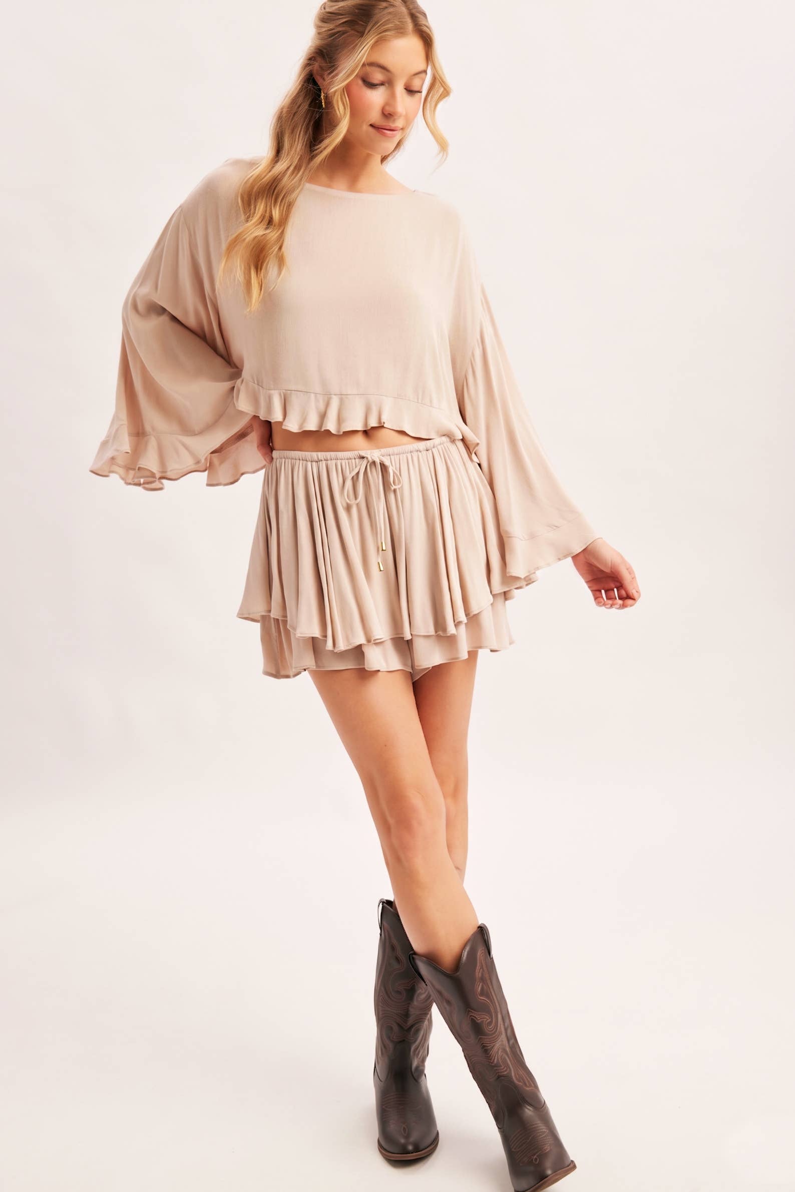 BILLOWY CROPPED OVERSIZED BELL SLEEVE RUFFLE HEM TOP: BIRCH