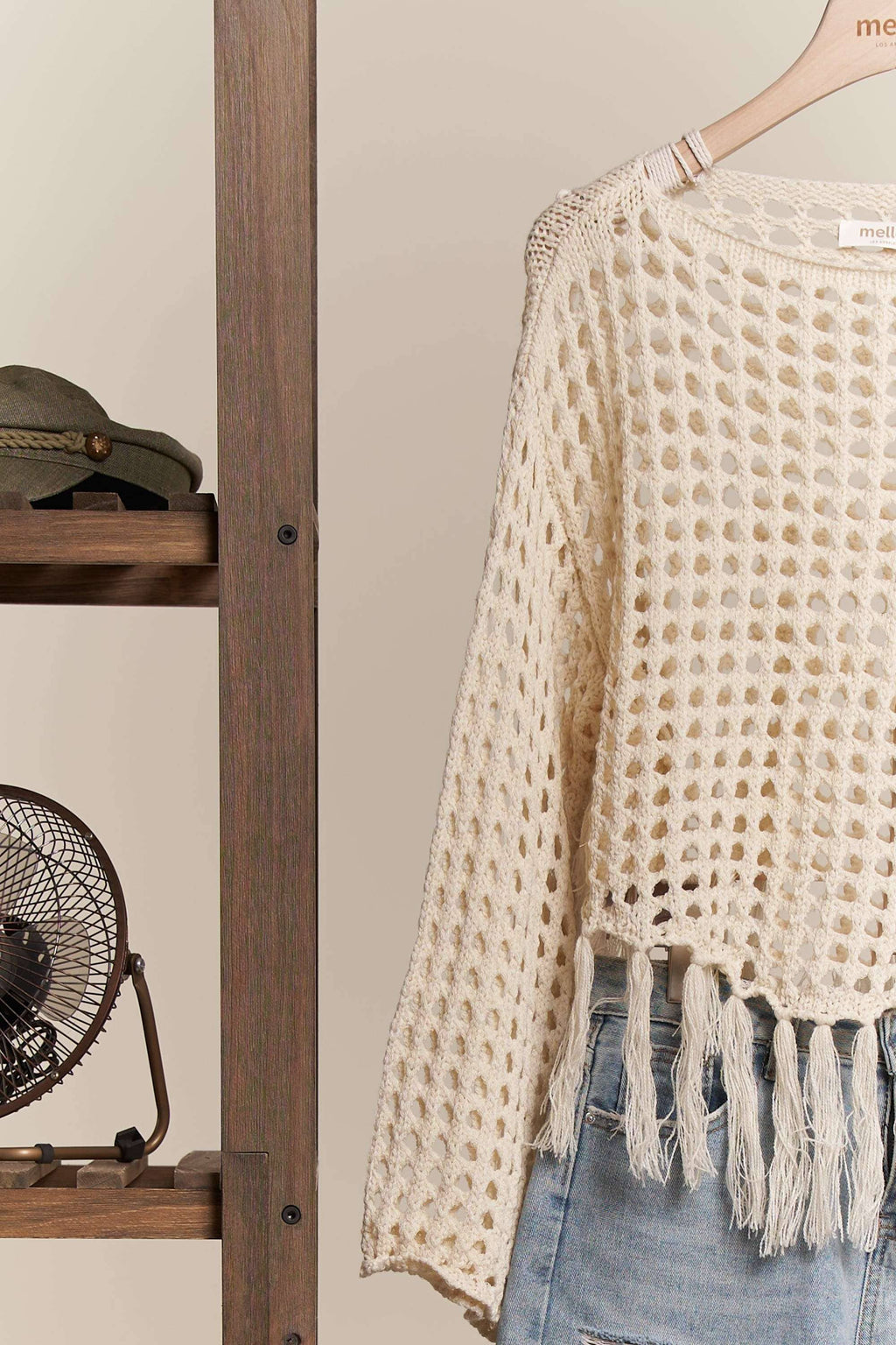 Boat Neck Fishnet Sweater with Fringe detail: Cream