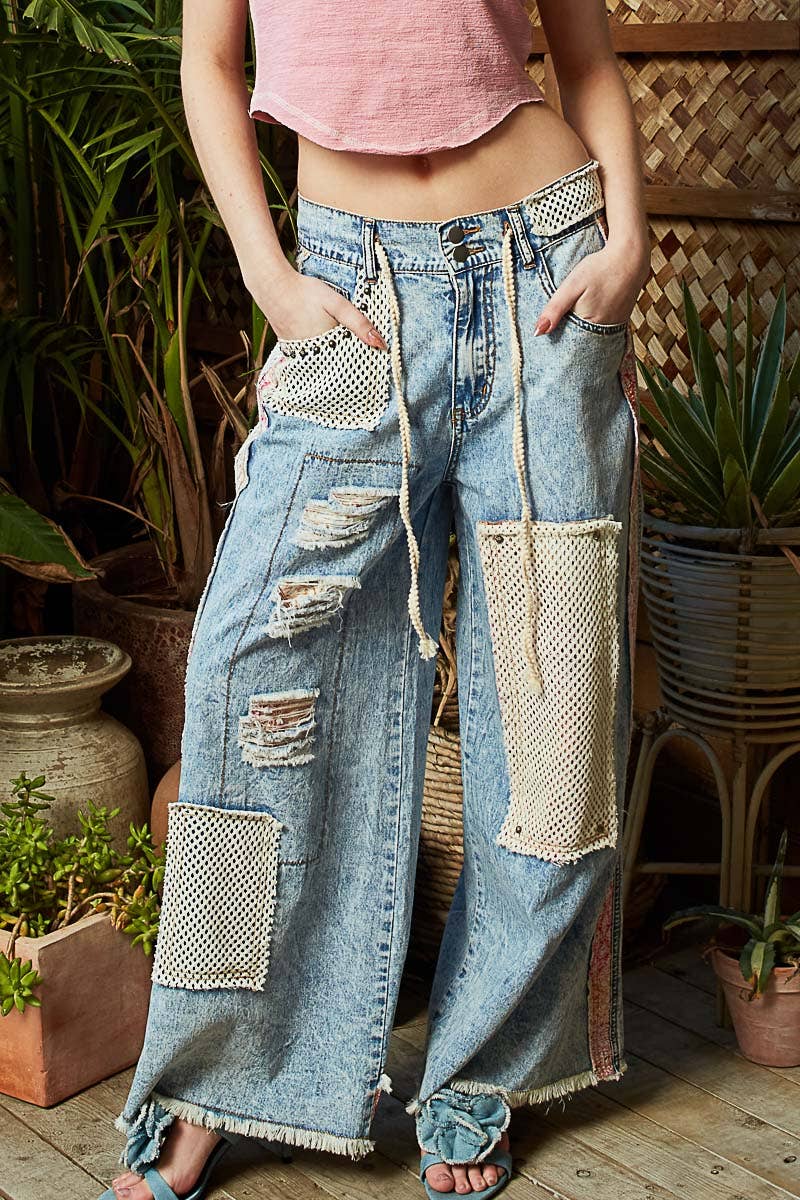 Stud Detail Woven Denim Pants: SAND LEOPARD / S