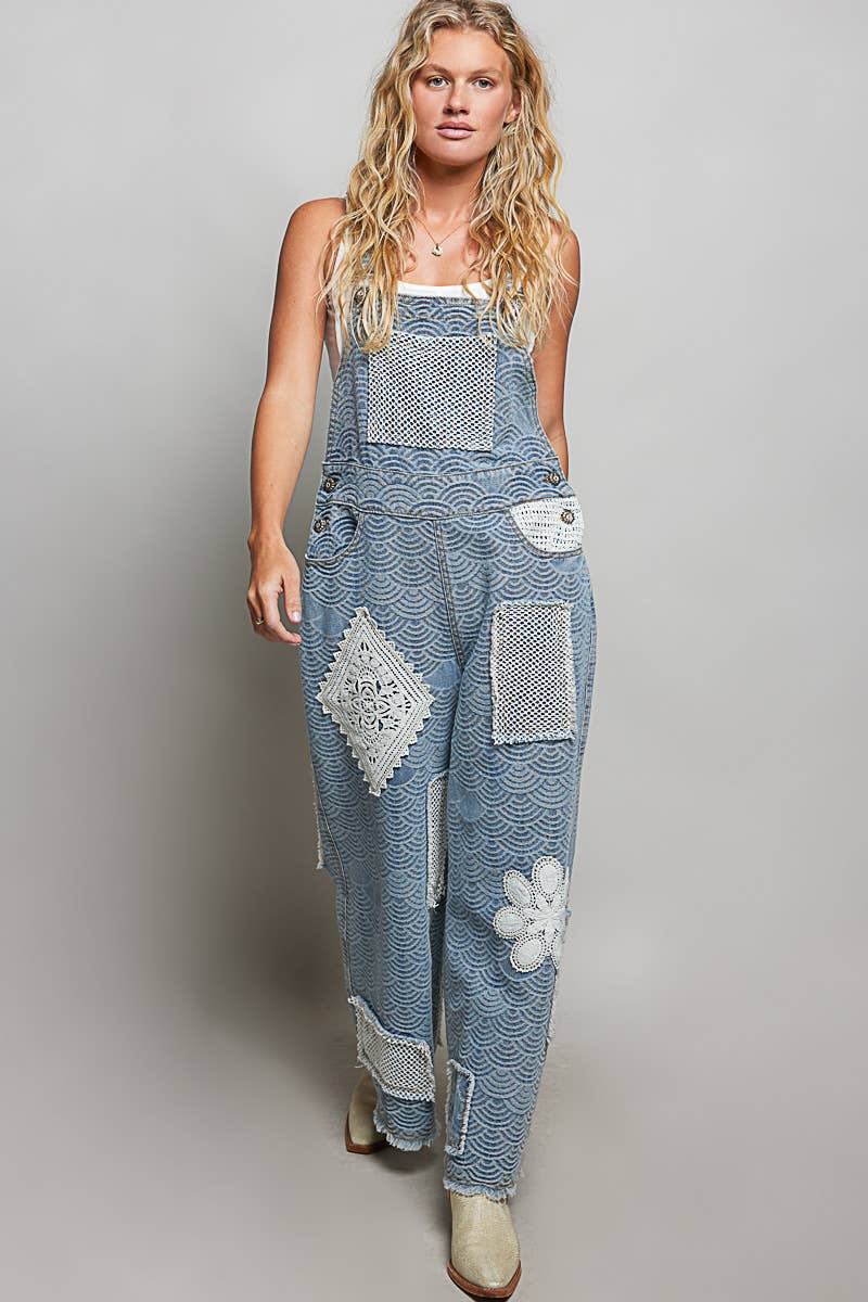 Crochet Contrast Patch Detail Chest Pocket Woven Overalls: ALMOND CAMO / L