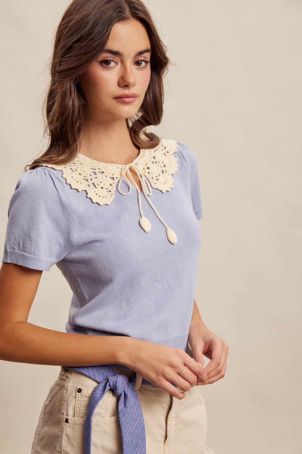 Crochet Collar Short Sleeve Knit Top LSW1048