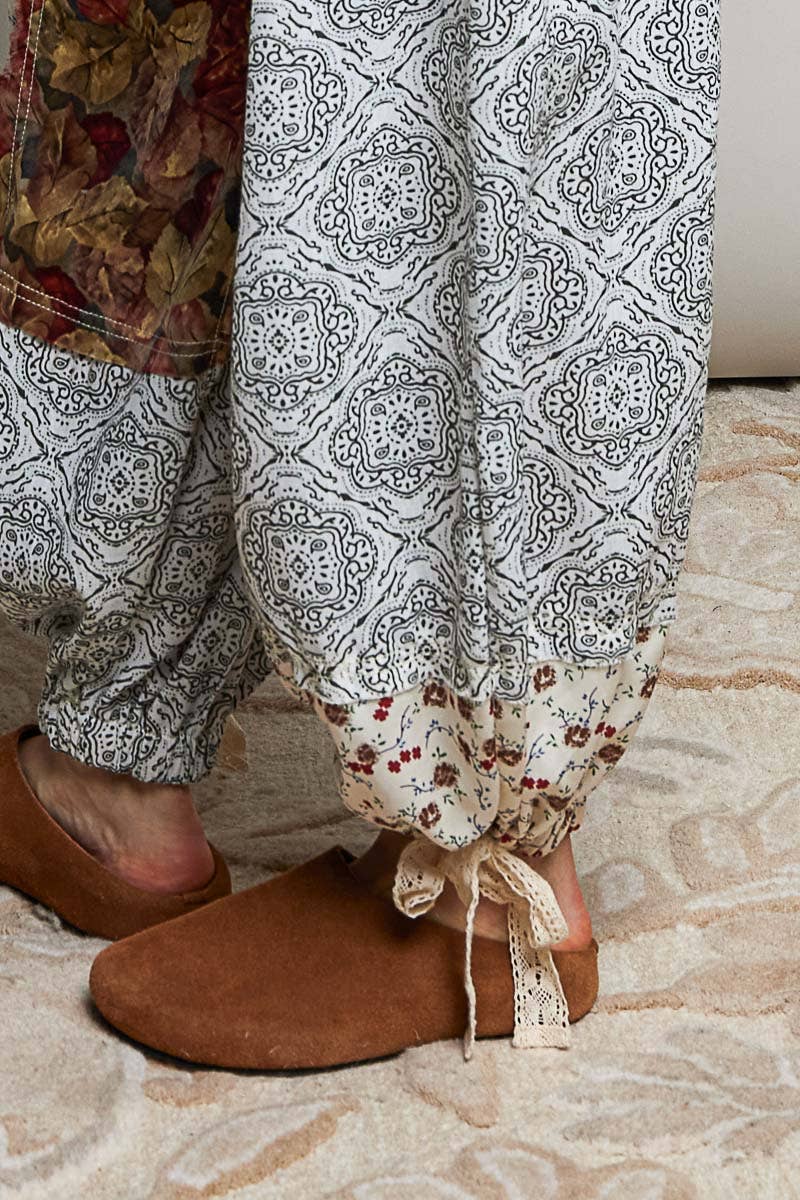Crochet Patch Detail Contrast Patchwork Printed Woven Pants: CREAM MULTI / L