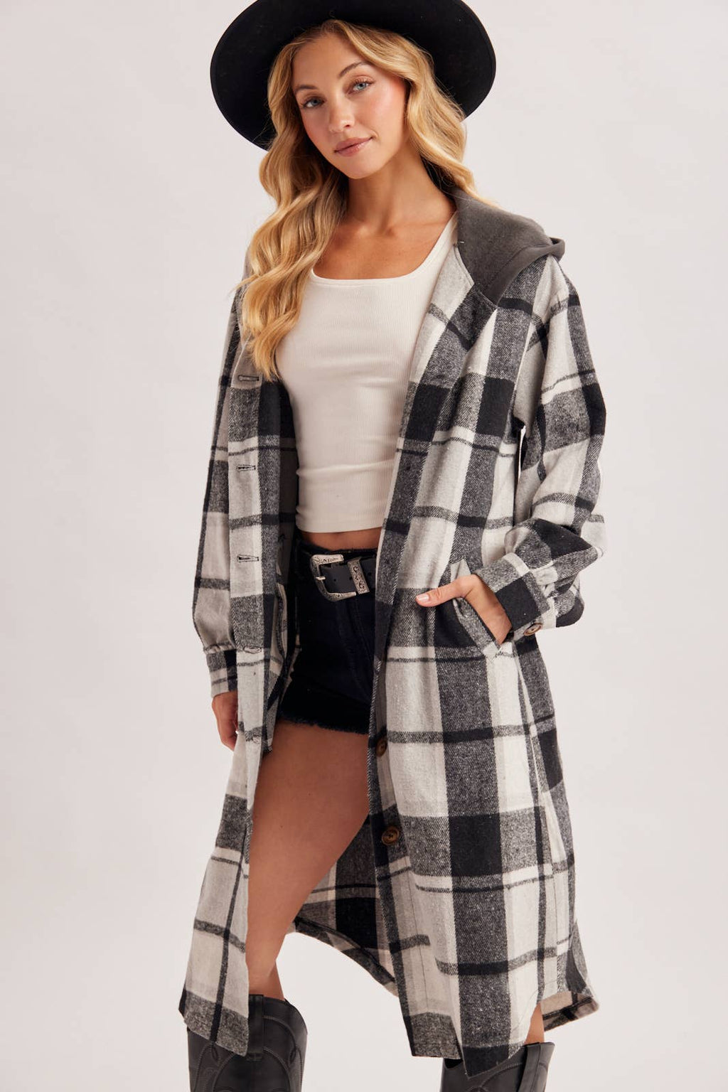 LONGLINE PLAID HOODED JACKET