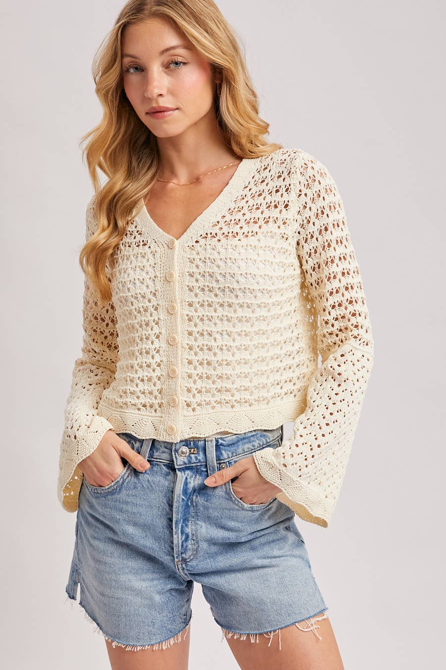 BUTTON DOWN OPEN-KNIT CROCHET CARDIGAN: MOCHA / M
