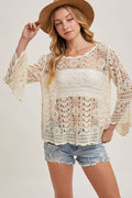 CROCHET SHEER BELL-SLEEVE PULLOVER TOP: NATURAL