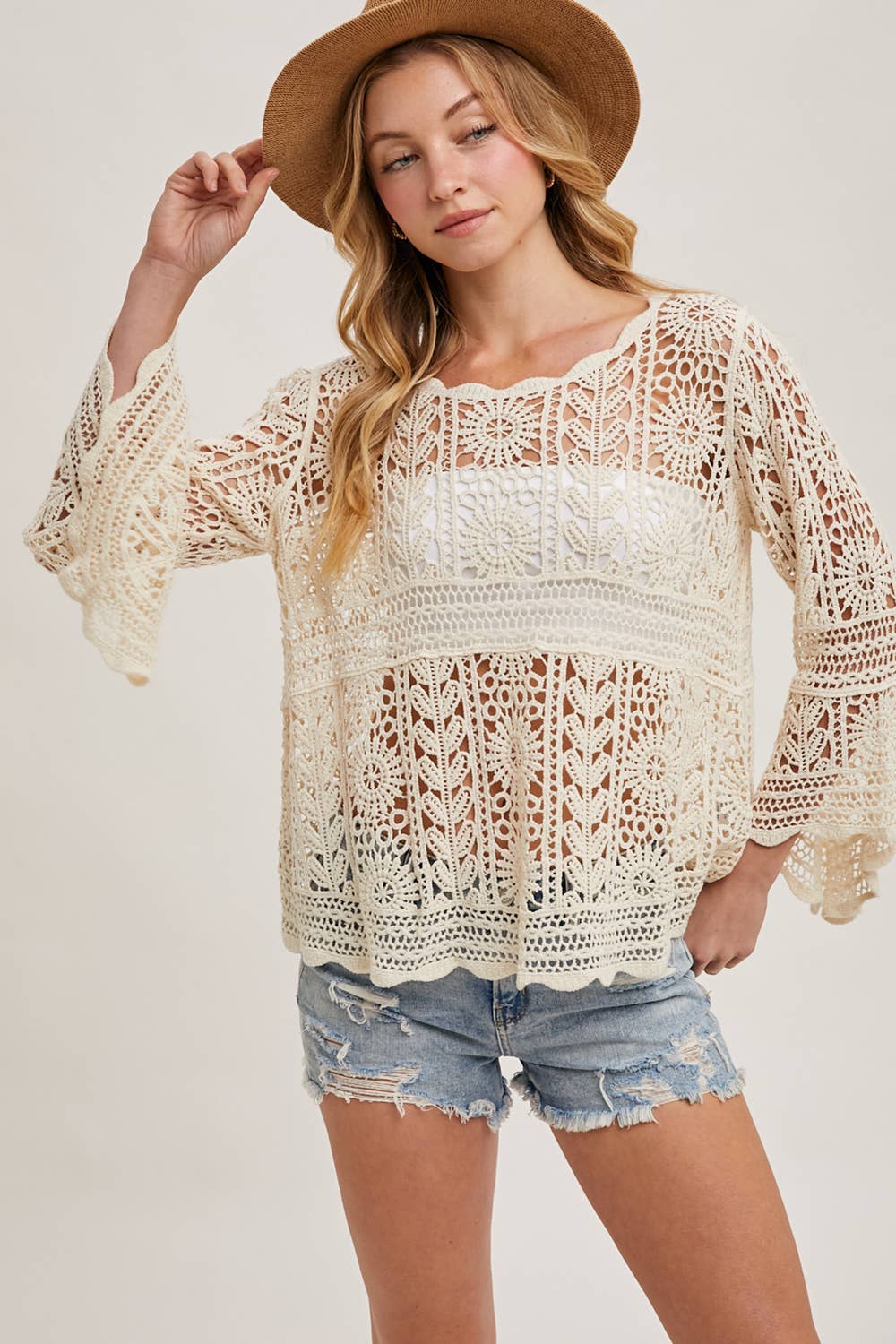 CROCHET SHEER BELL-SLEEVE PULLOVER TOP: NATURAL