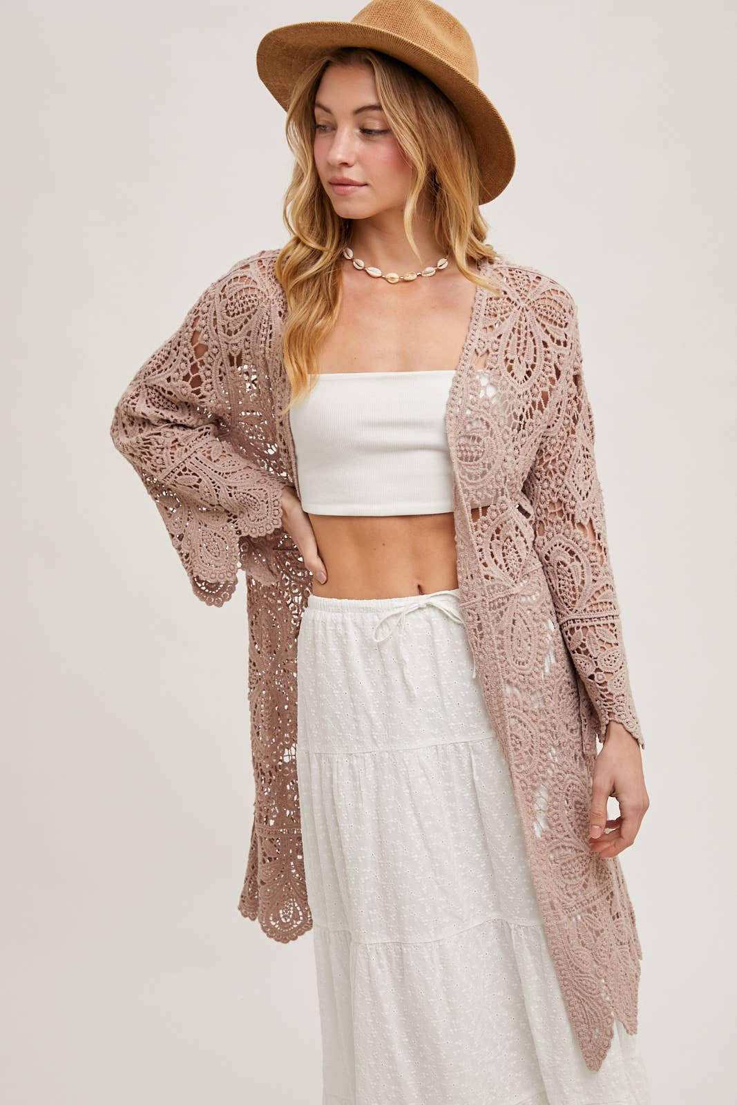 CROCHET OPEN FRONT BELL SLEEVED CARDIGAN: LATTE / S/M