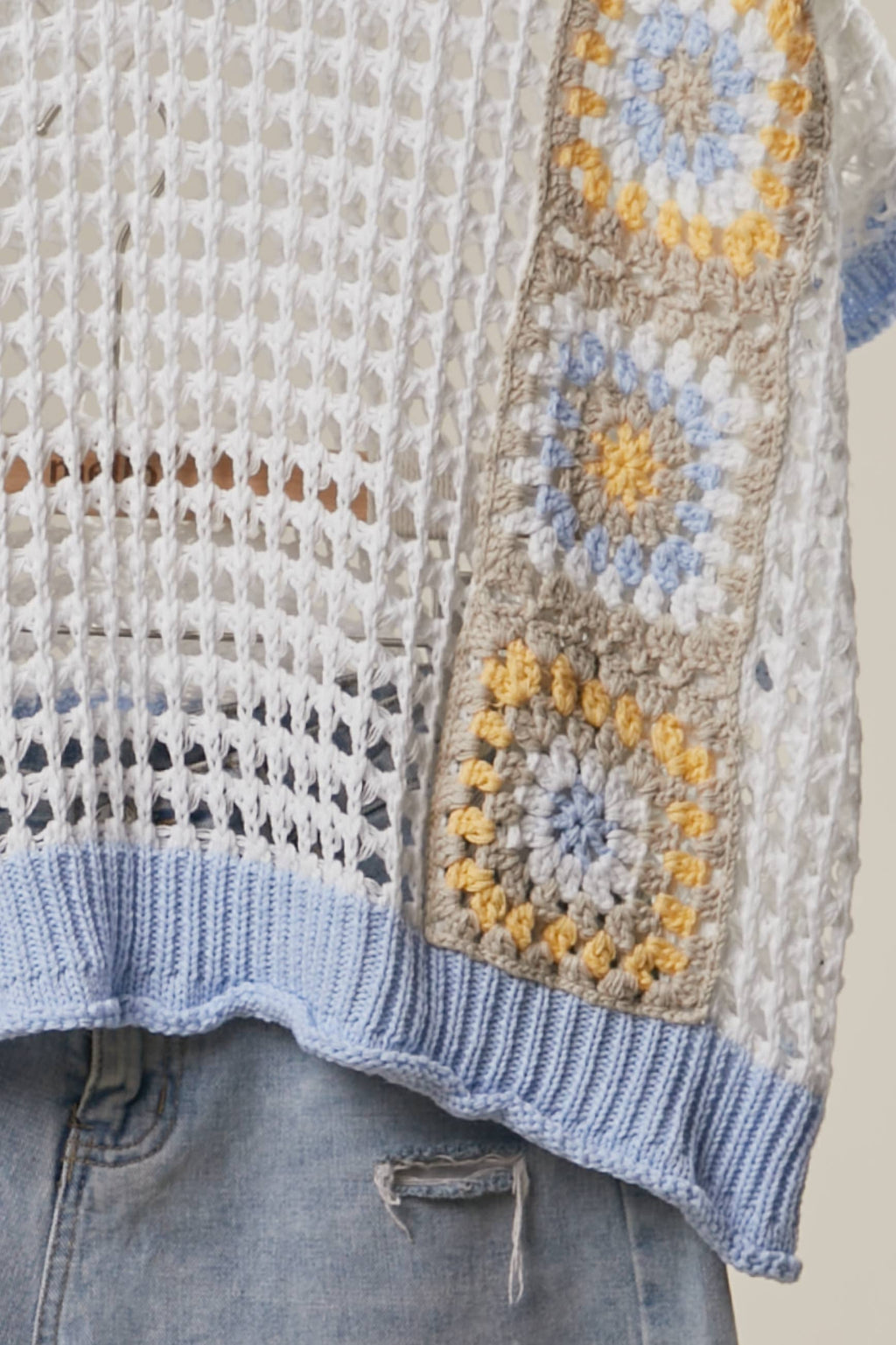 Boho Crochet Patchwork V Neck Short Sleeve Top: Navy